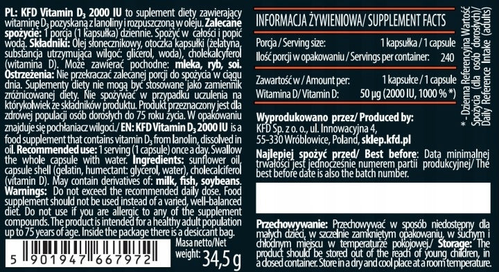 KFD VITAMIN D3 Vitamin D 2000 Bone Resistance 240 Capsules LANOLINIA SOFT Expiration date not specified