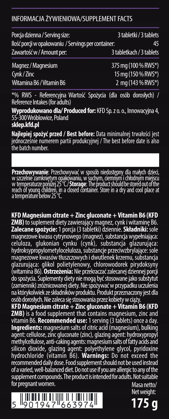 KFD ZMB ZMA Magnesium + Zinc + Vitamin B6, 135 table Brand KFD