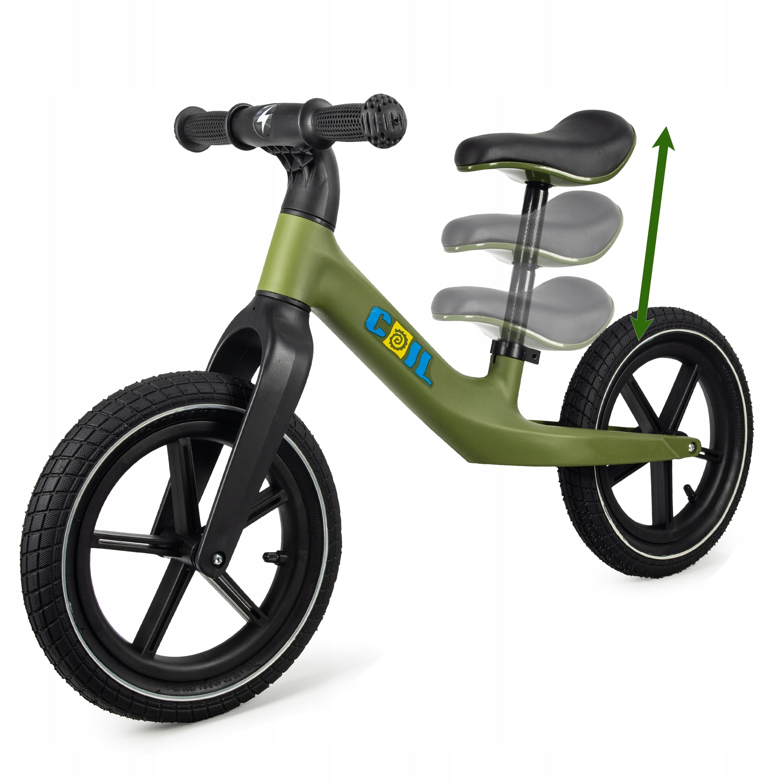 KIDS BALANCE BIKE LIGHTWEIGHT PUMPED WHEELS ADJUSTABLE 12' GREEN Color green