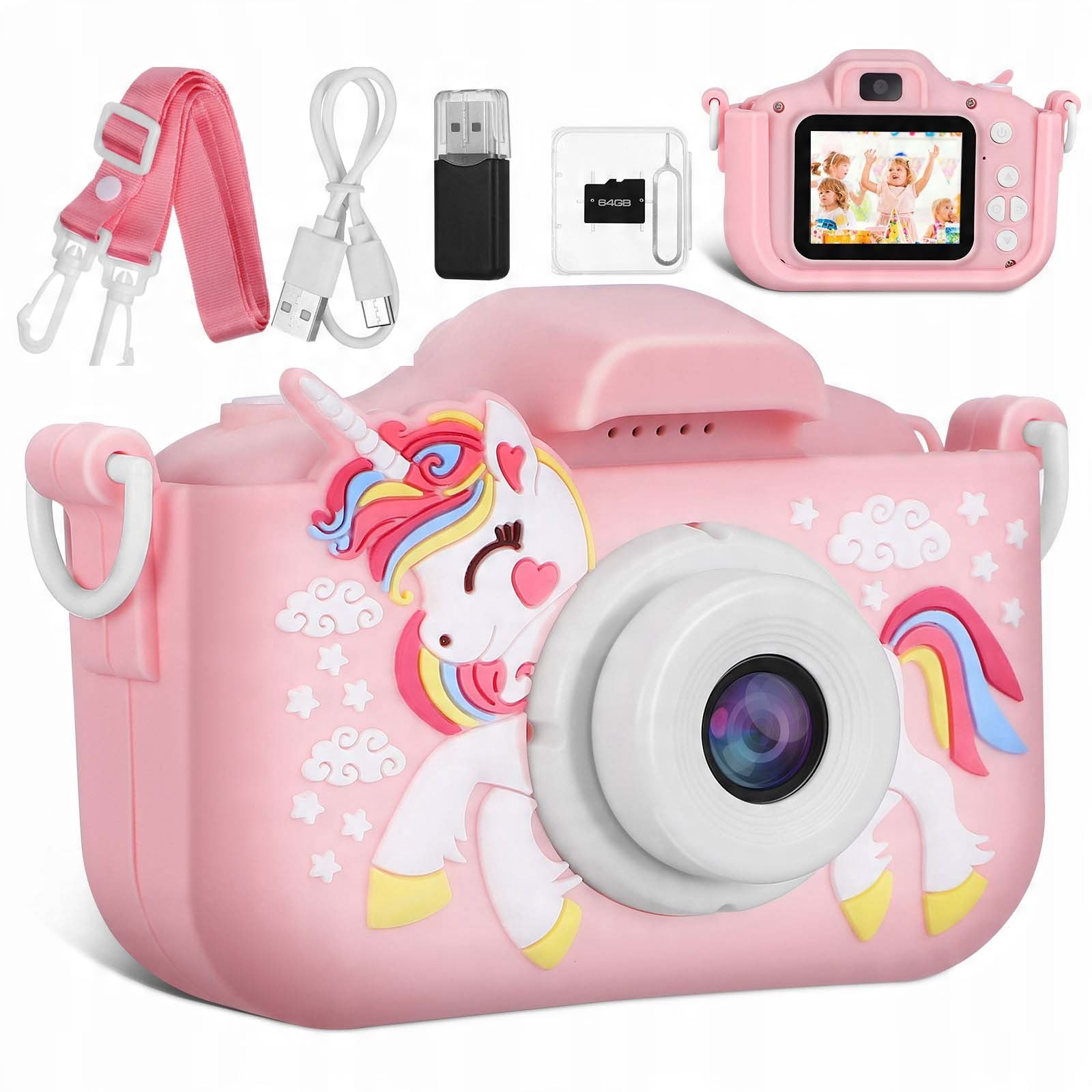 KIDS DIGITAL CAMERA 48MP DUAL LENS SELFIE UNICORN 64GB CARD GAMES