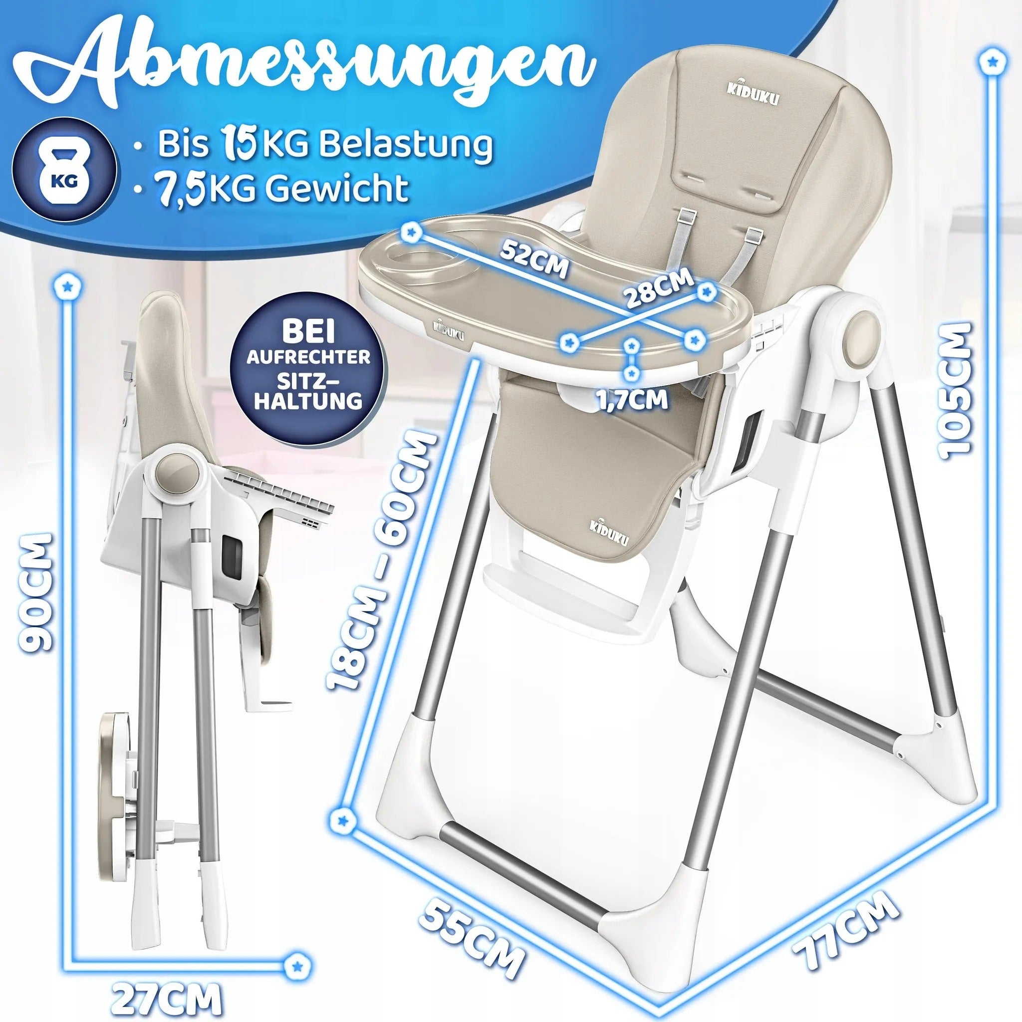 KIDUKU 3IN1 HIGH CHAIR FOR CHILDREN 0 – 36M + LOUNGER, TABLE, HEADBAND Color shades of brown and beige