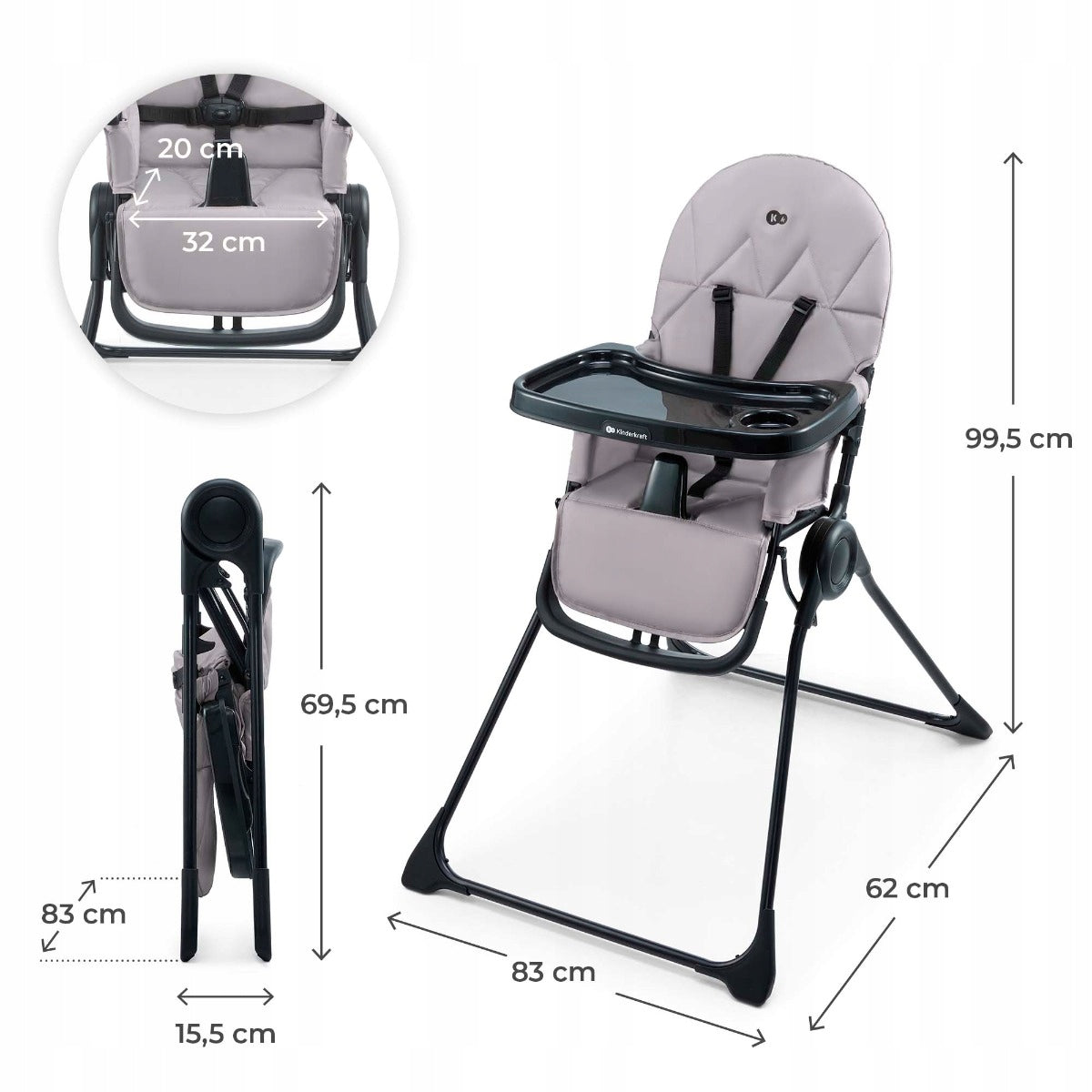 KINDERKRAFT BINCI HIGH CHAIR FOLDING LIGHTWEIGHT COMPACT GREY Manufacturer code KHBINC00GRY0000