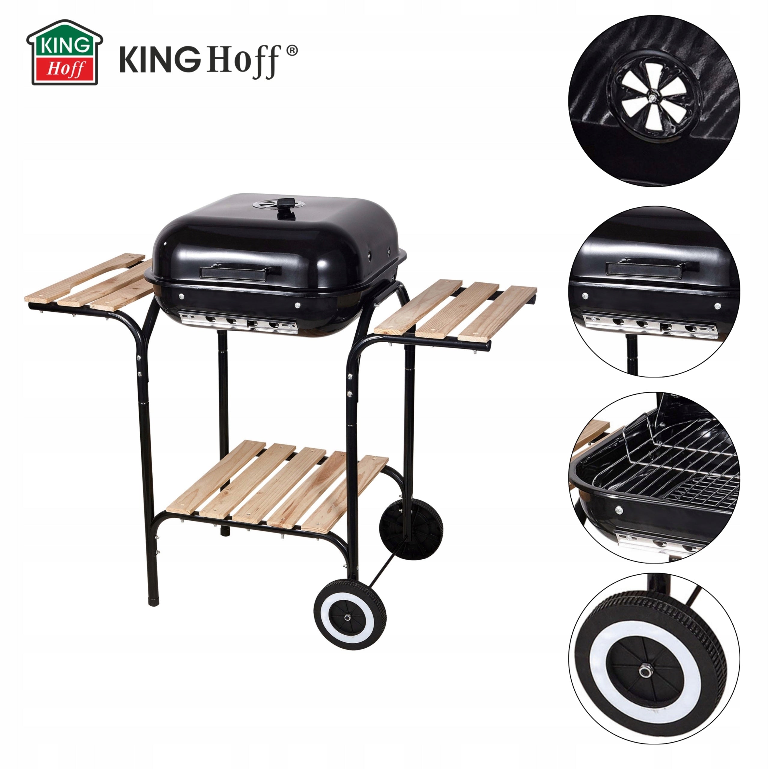 KINGHOFF Charcoal Garden Grill with Cover Shelves and BBQ Wheels Grate length 43 cm