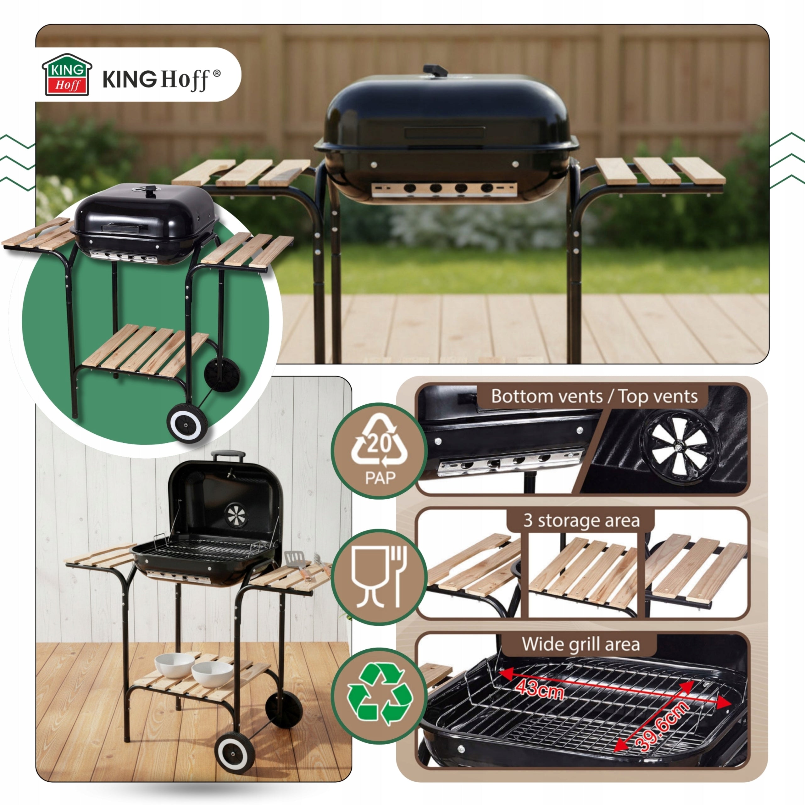 KINGHOFF Charcoal Garden Grill with Cover Shelves and BBQ Wheels Grill depth 49 cm