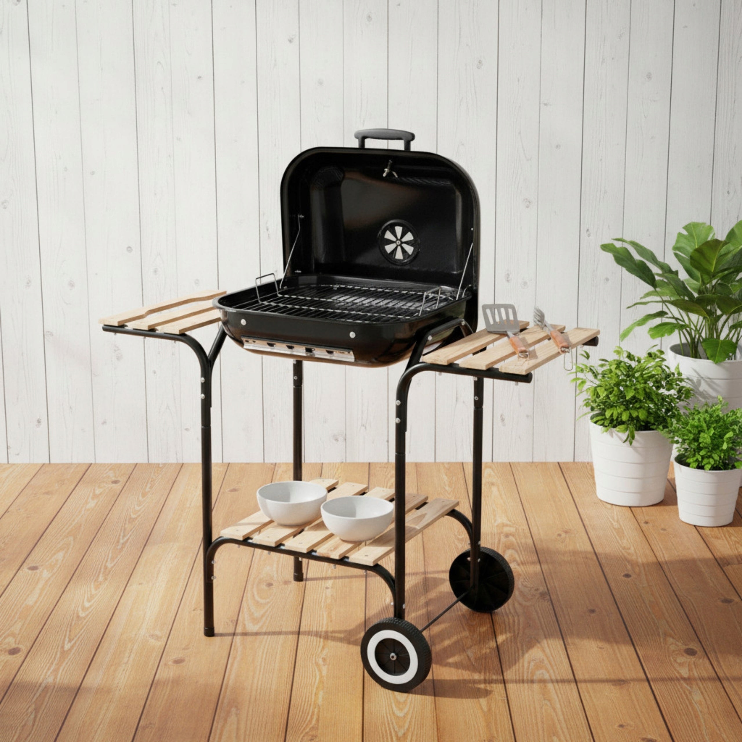 KINGHOFF Charcoal Garden Grill with Cover Shelves and BBQ Wheels Grill height 84 cm