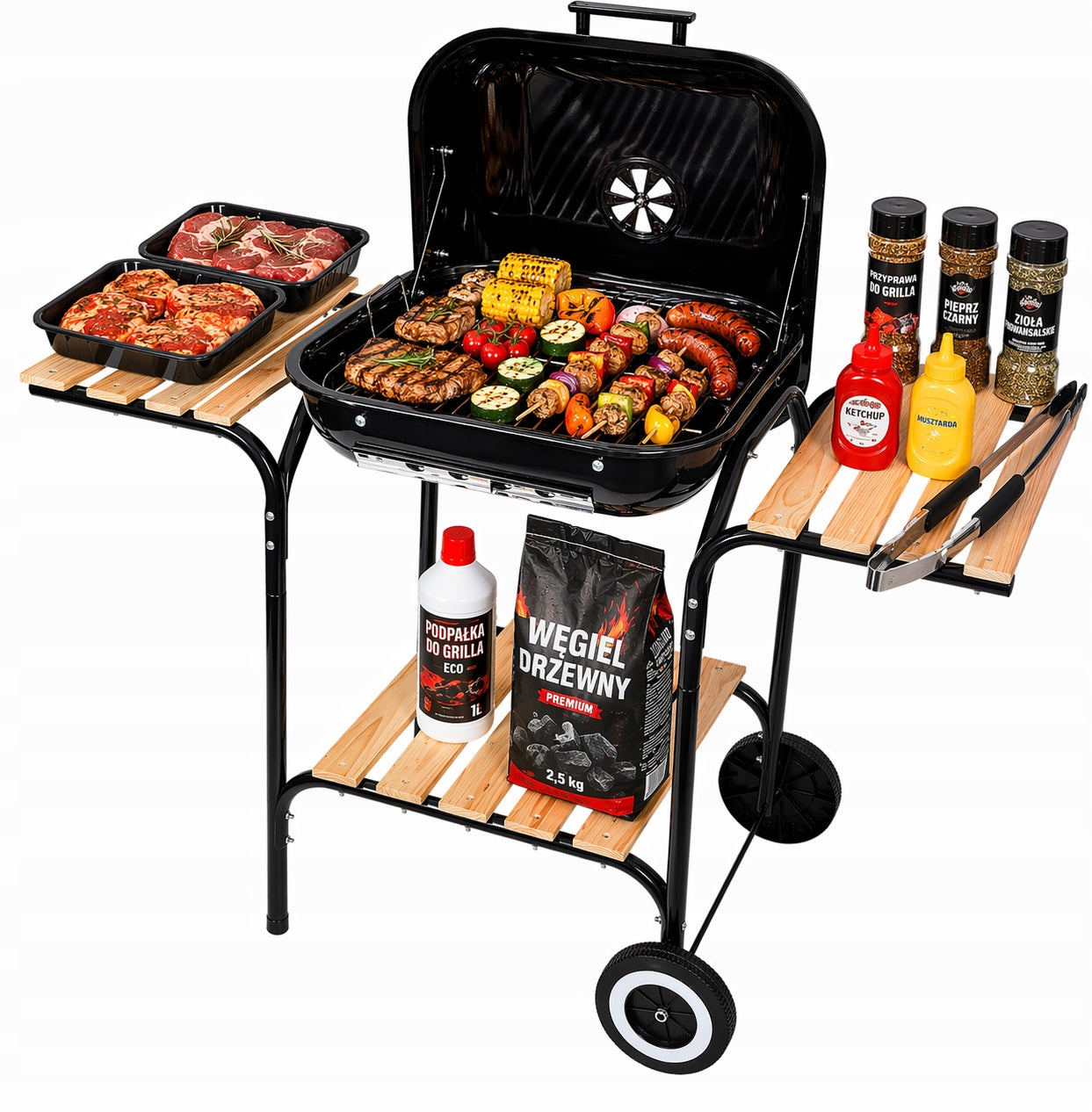 KINGHOFF Charcoal Garden Grill with Cover Shelves and BBQ Wheels