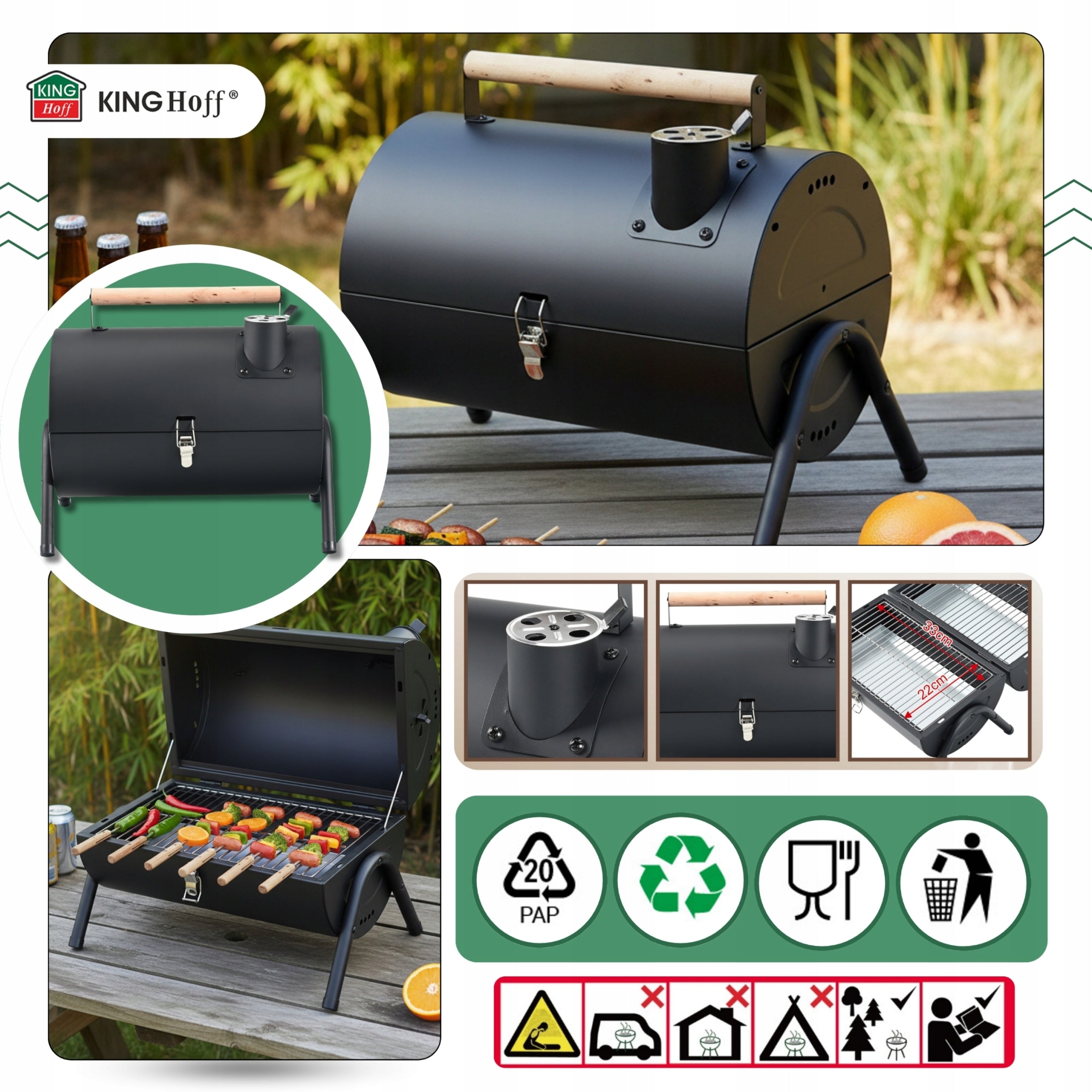 KINGHOFF KH-2032 Portable BBQ Garden Hiking Grill Grill height 38 cm