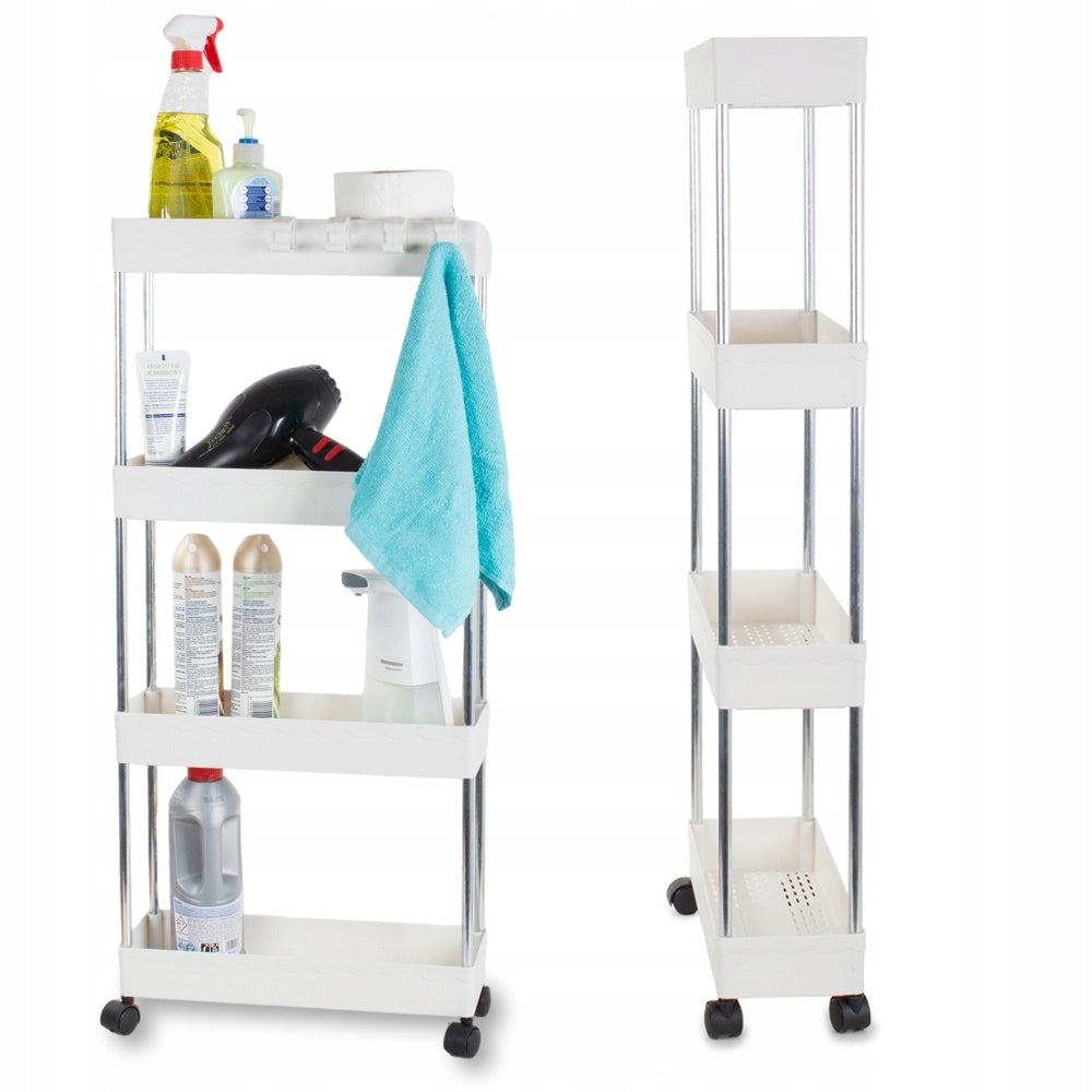 KITCHEN BATHROOM SHELF CABINET ON WHEELS LEVEL BOOKCASE WITH HOOKS