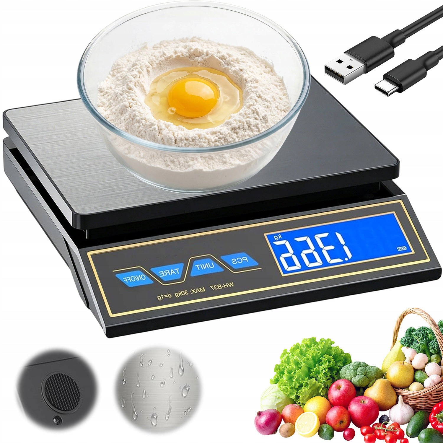 KITCHEN DIGITAL SCALE HIGH PRECISION 9 UNITS FUNCTION TARA DISPLAY