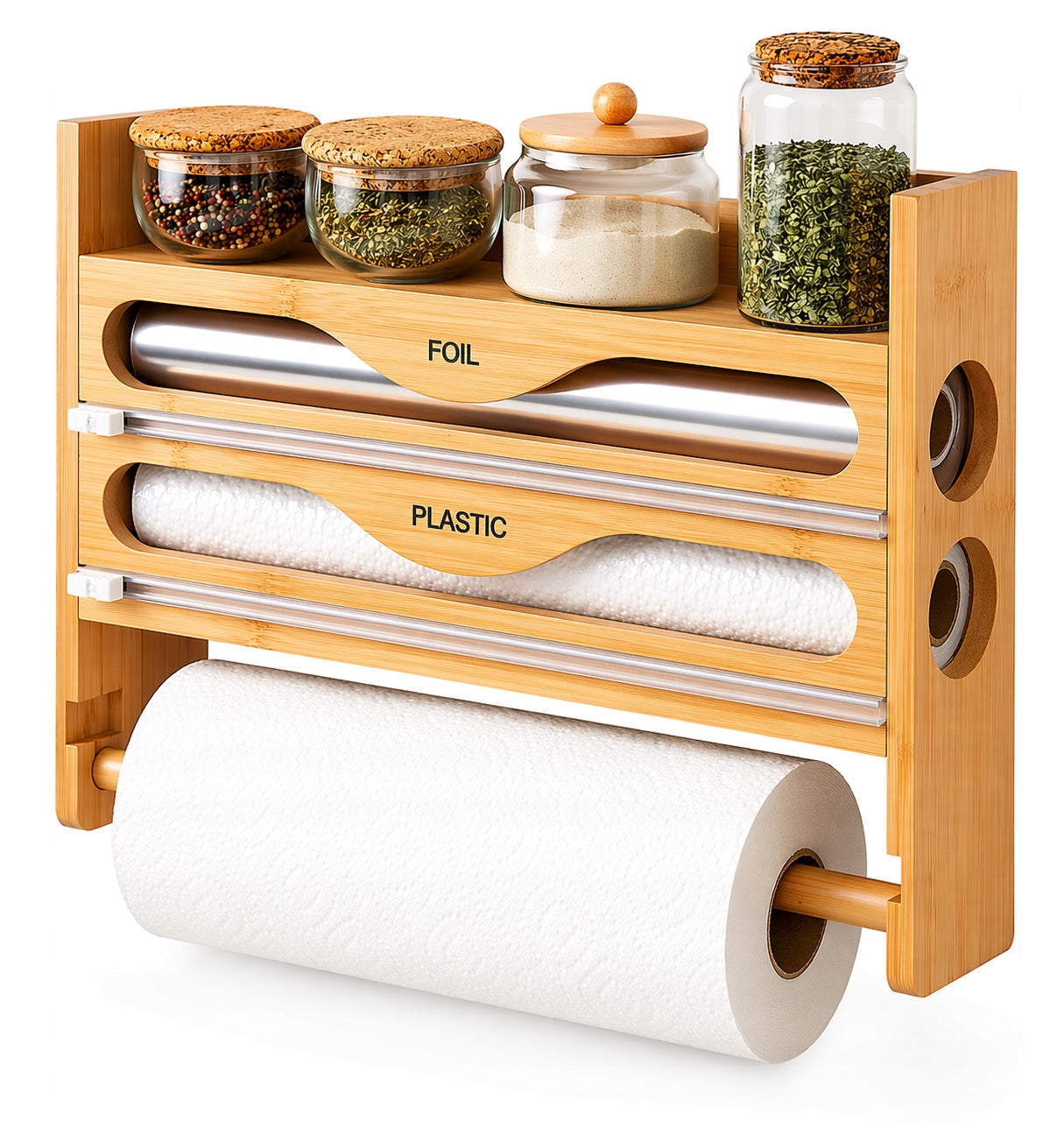 KITCHEN ORGANIZER 4in1 Bamboo TOWEL HOLDER FOIL SPICE Shelf Packaging status original