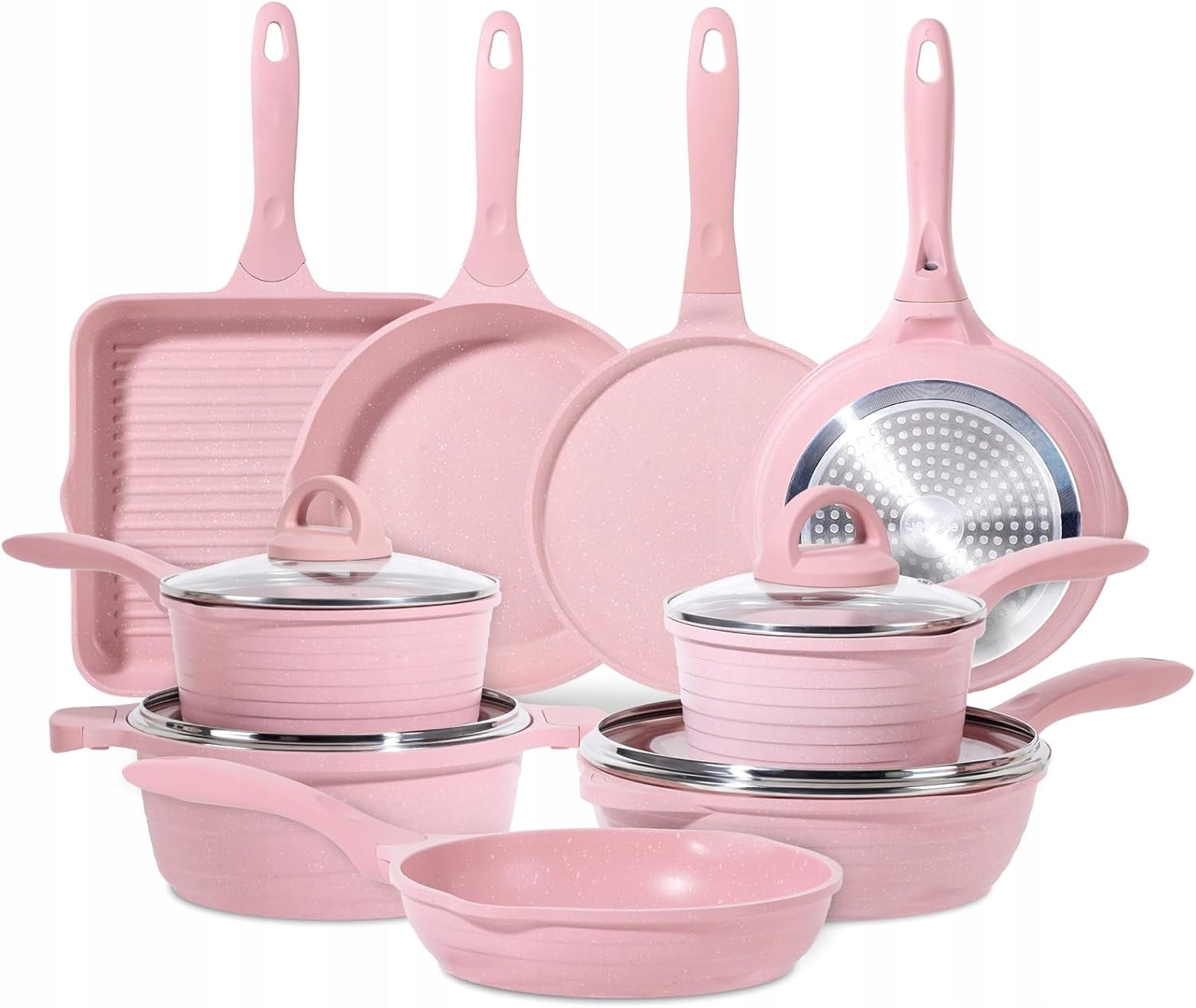 KITCHEN POTS SET OF POTS AND PANS, 23 PIECES GRANITE COATING PINK