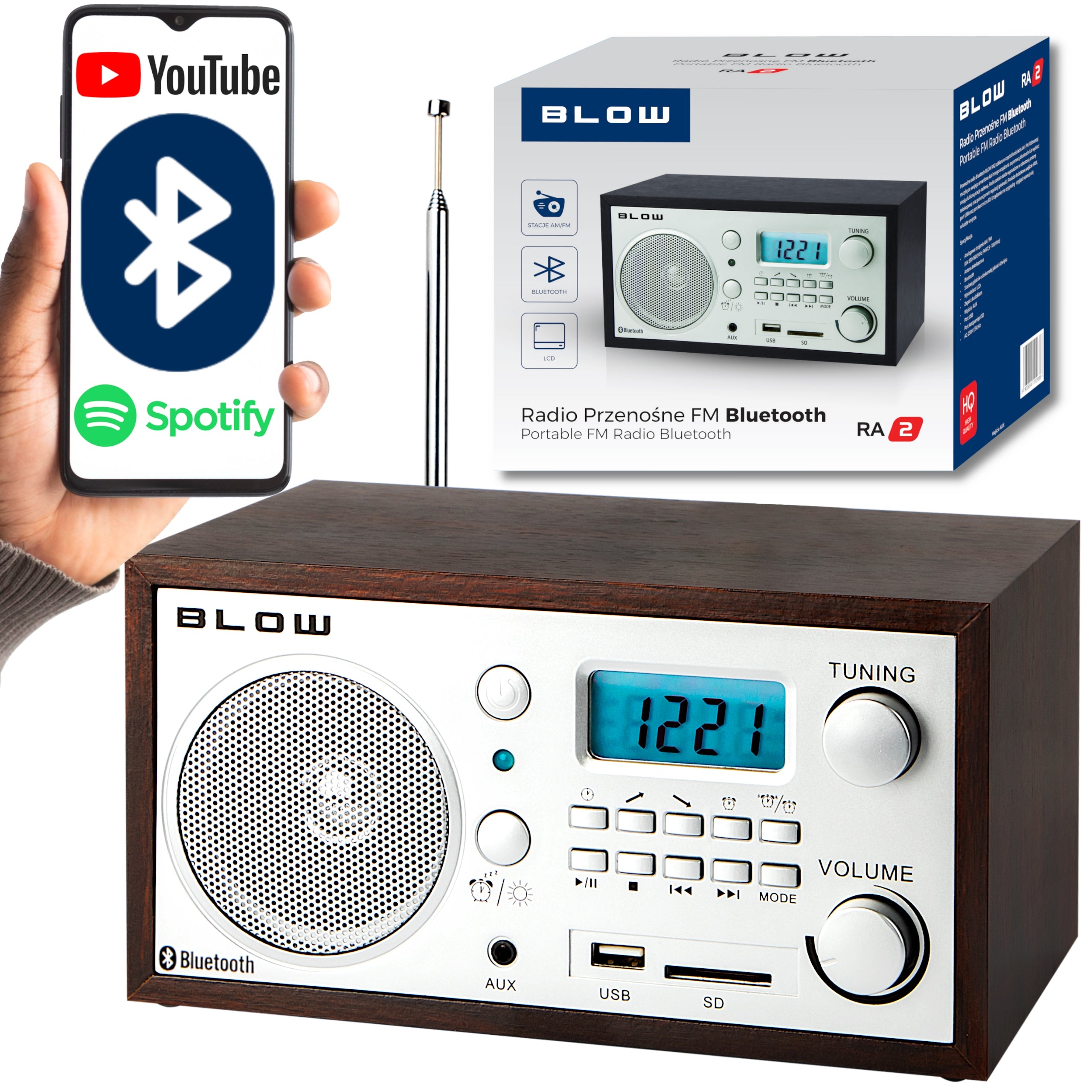 KITCHEN RADIO BLUETOOTH PORTABLE RETRO LCD ANTENNA FM USB SD CLOCK ALARM CLOCK