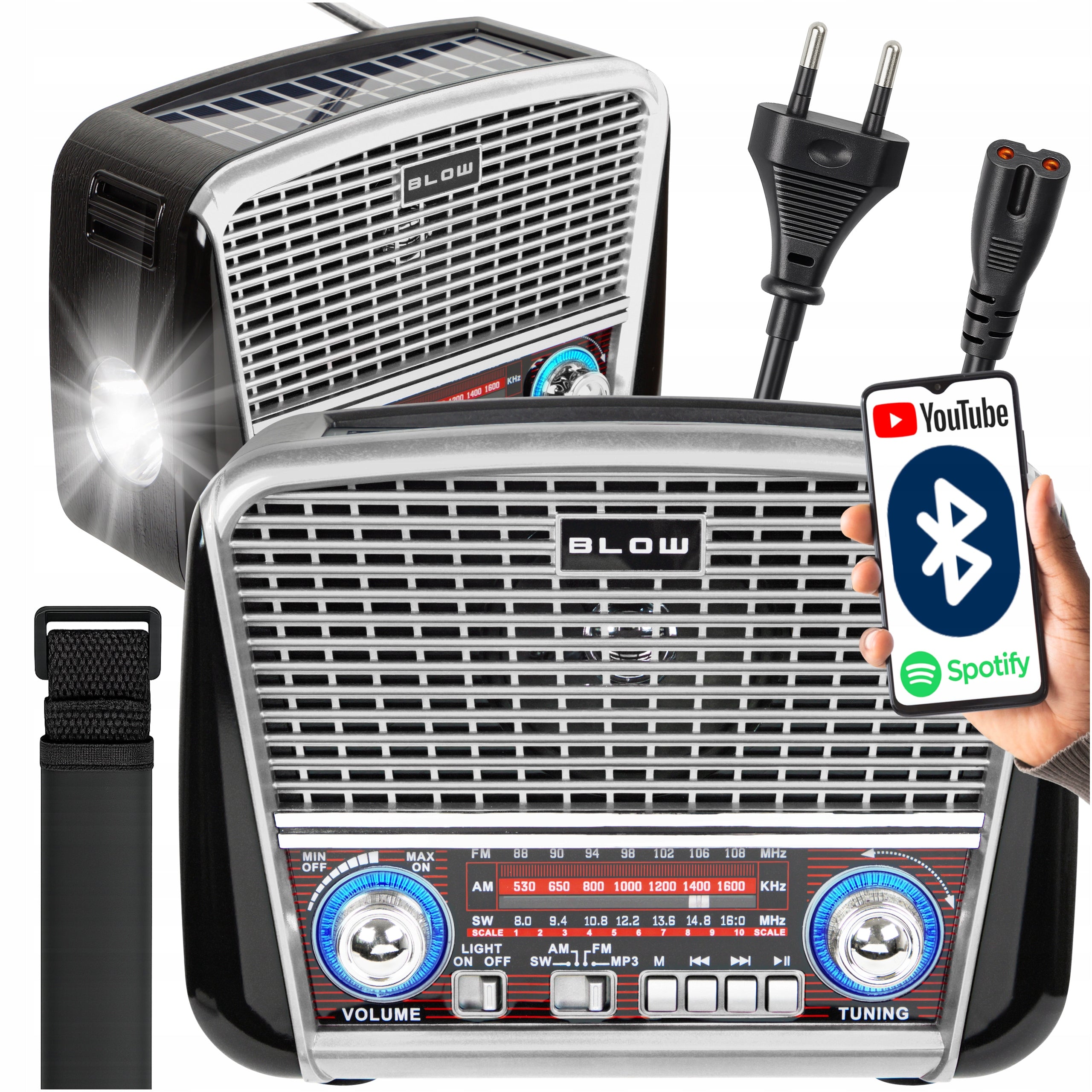 KITCHEN RADIO FM PORTABLE RETRO SOLAR BLUETOOTH USB FLASHLIGHT RECHARGEABLE BATTERY