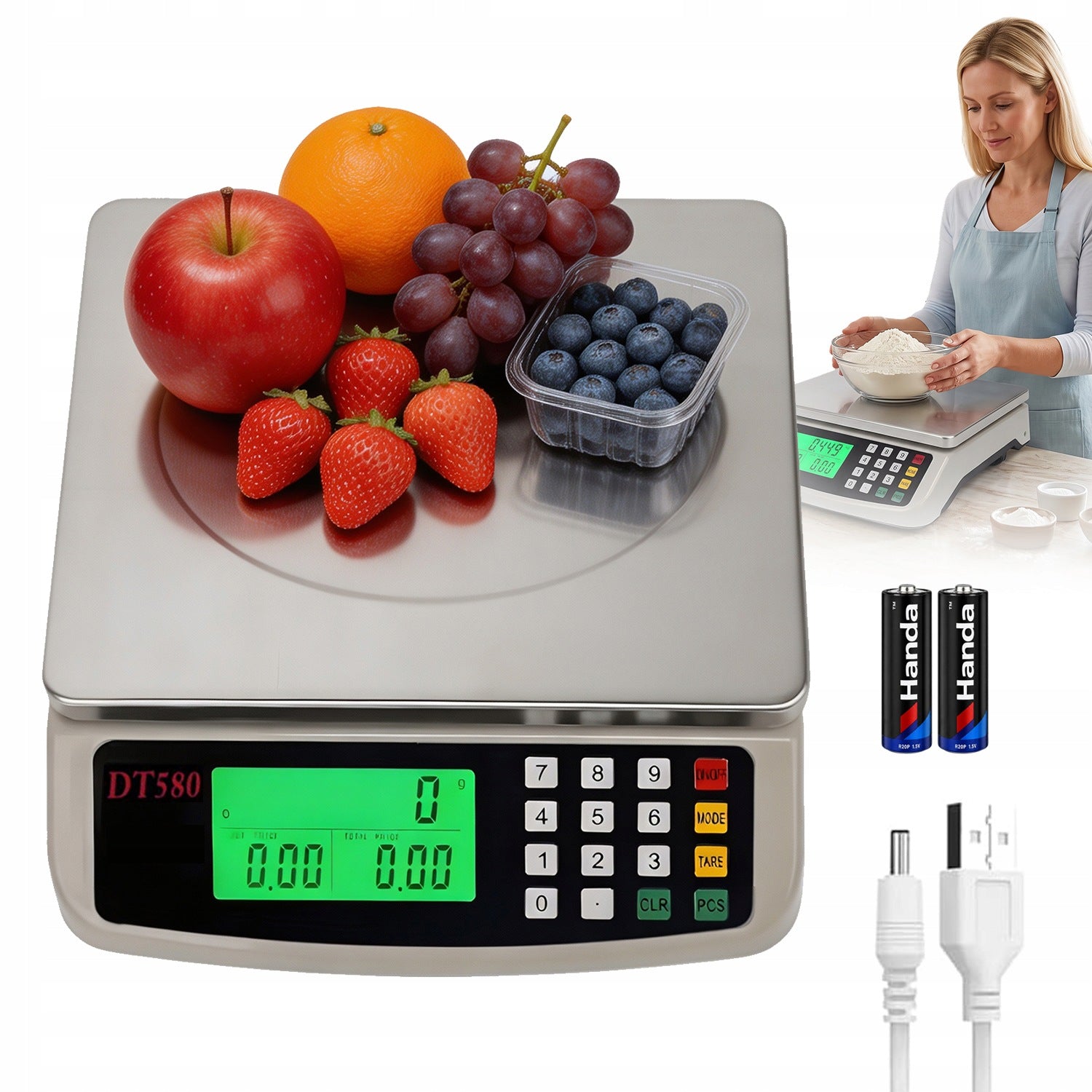 KITCHEN SCALE 30KG ILLUMINATED LCD DUAL USB POWER SUPPLY AND BATTERIES
