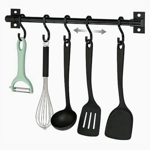 KITCHEN STRIP WITH 5 HOOKS ALUMINUM BLACK SELF-ADHESIVE 30 CM