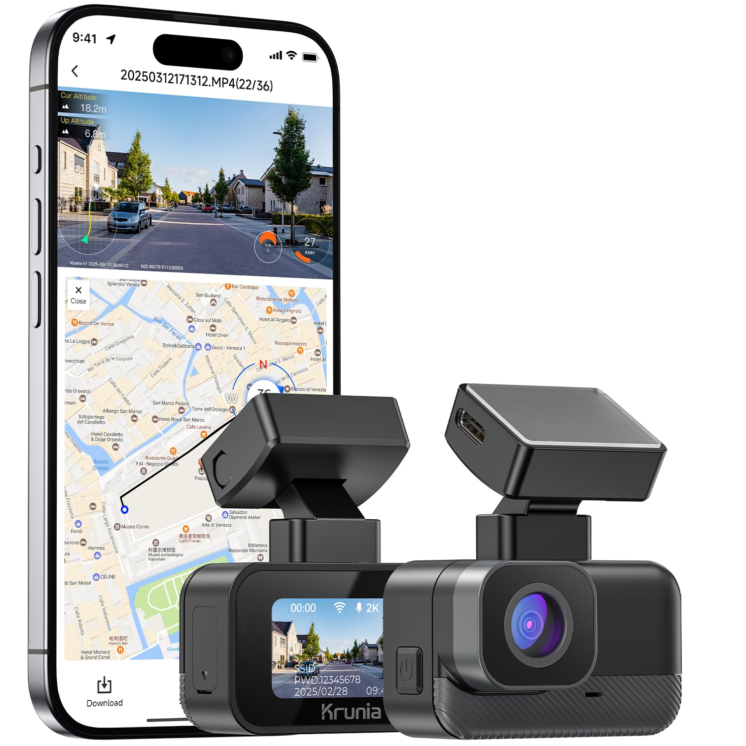 KRUNIA 2K WiFi Car Camera GPS WDR Night Mode 170° Viewing Angle