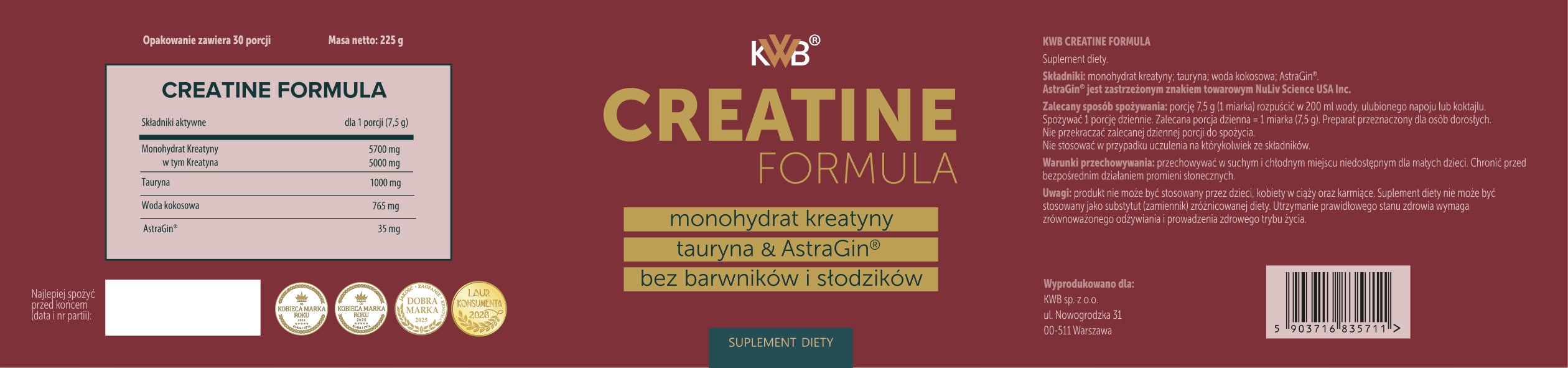 KWB Creatine Formula Creatine Monohydrate 225g with Taurine Without Sweeteners Expiration date at least six months from the date of purchase