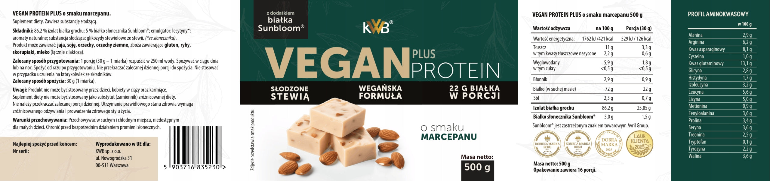 KWB Vegan Protein Conditioner 500g Vegan Protein Flavour Marcepan Expiration date at least six months from the date of purchase