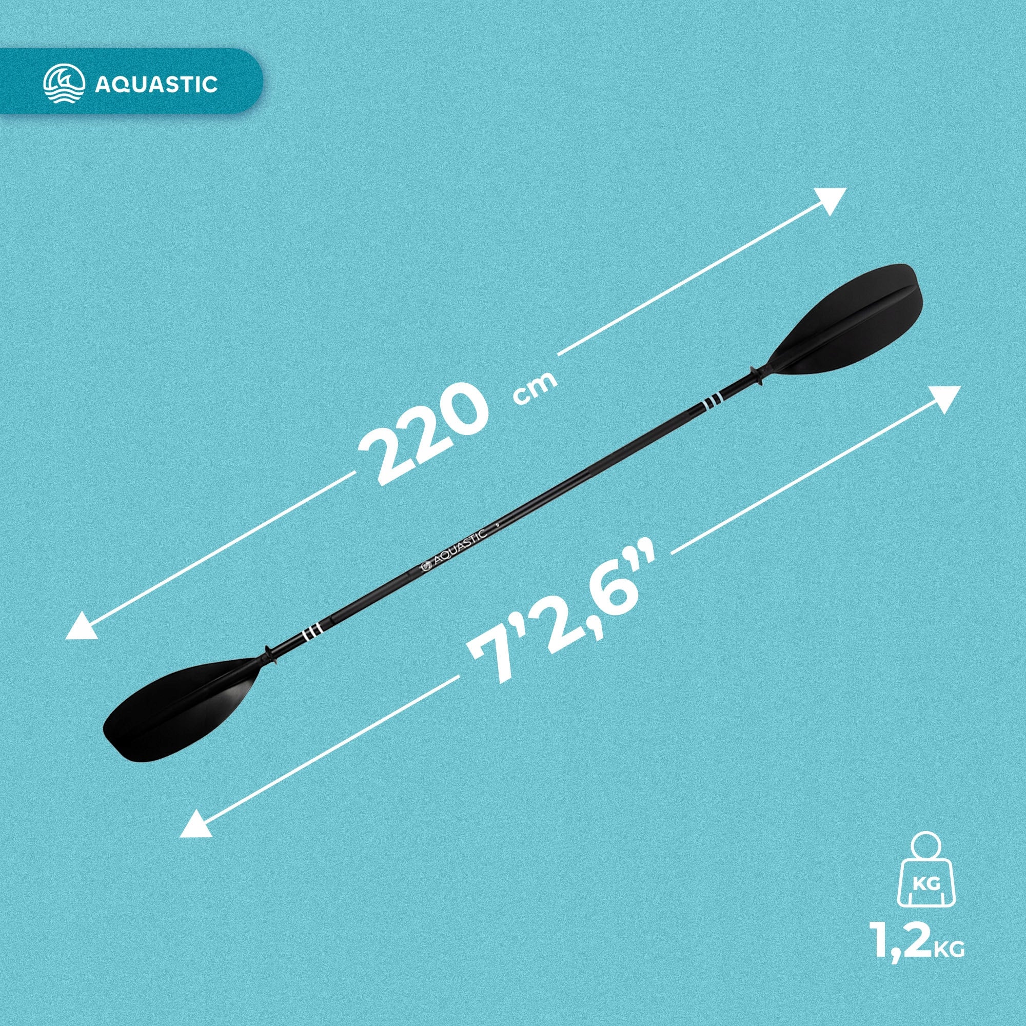 Kayak Paddle 2-Piece AQUASTIC 220cm Black Aluminum Lightweight Brand Aquastic