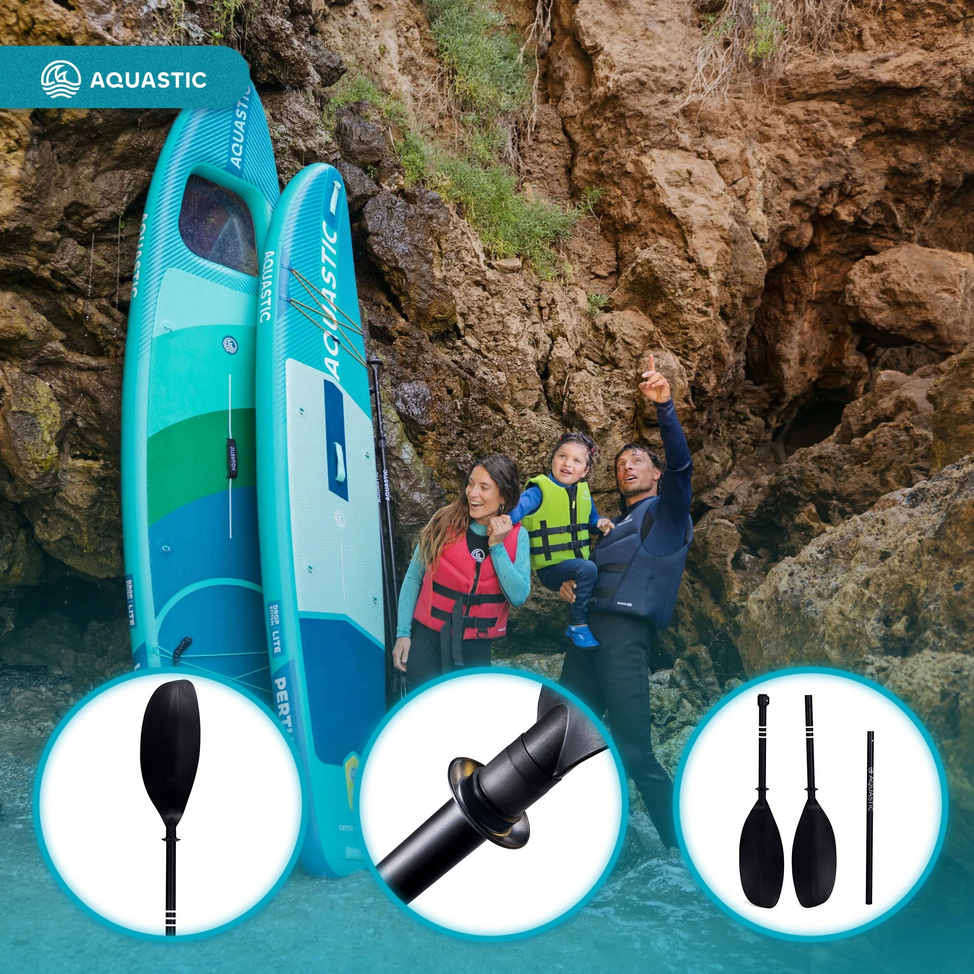 Kayak paddle 3-piece AQUASTIC 200-220 cm black FOLDING ADJUSTABLE Brand Aquastic