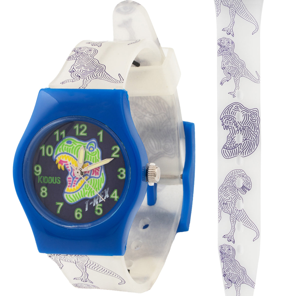 Kiddus Analog Watch for Kids. Glows in the Dark. T-Rex Dinosaur.