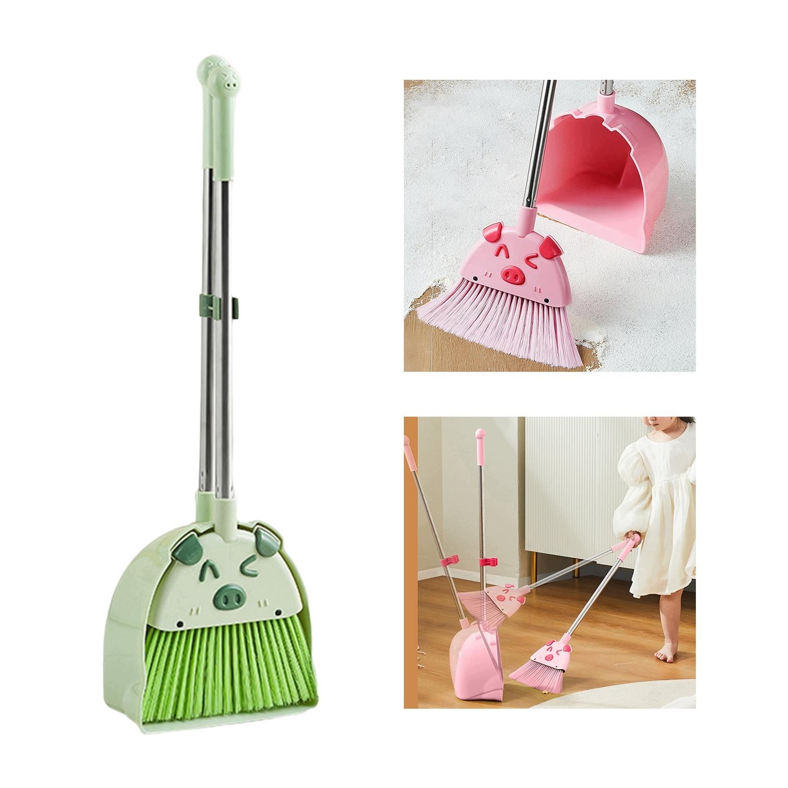 Kids Cleaning Set Toddlers Broom Dustpan Play Kit Toy Tools Helper Green