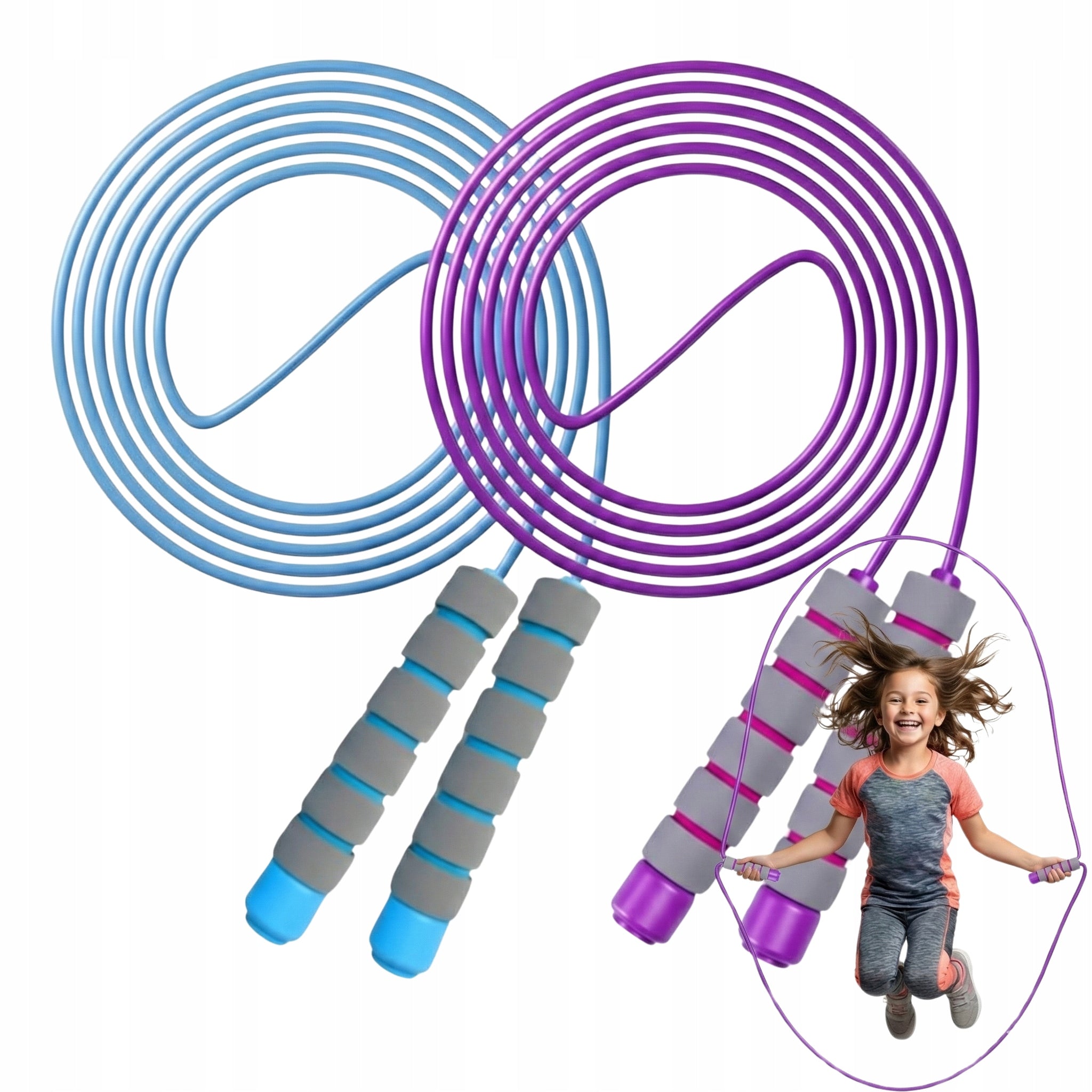 Kids Jump Rope, Adjustable Foam, 2.8m, 2-Pack, Blue & Purple