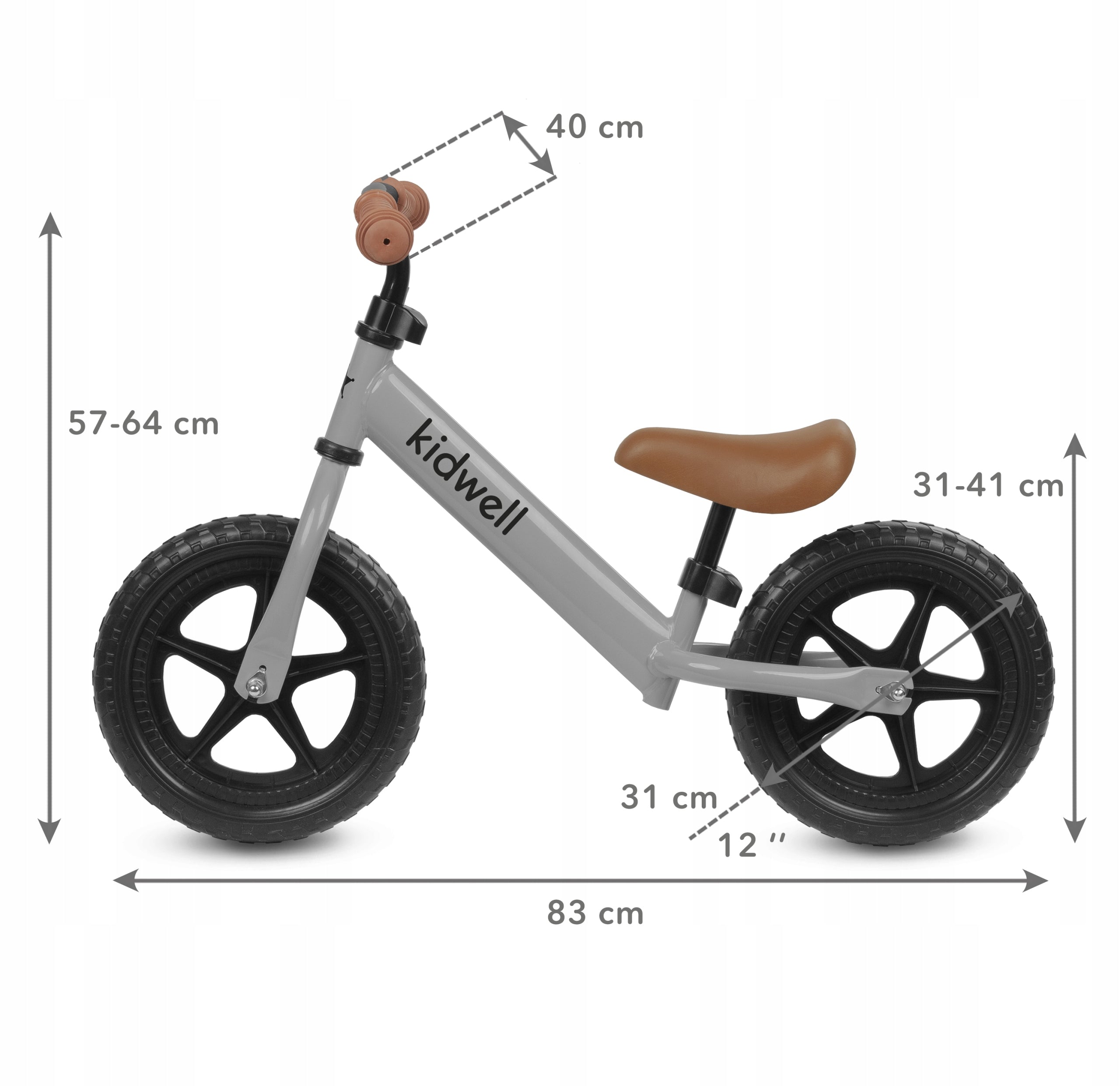 Kidwell BALANCE BIKE RIDER REBEL WHEELS 12" LIGHTWEIGHT ADJUSTABLE Grey Height 80–120 cm