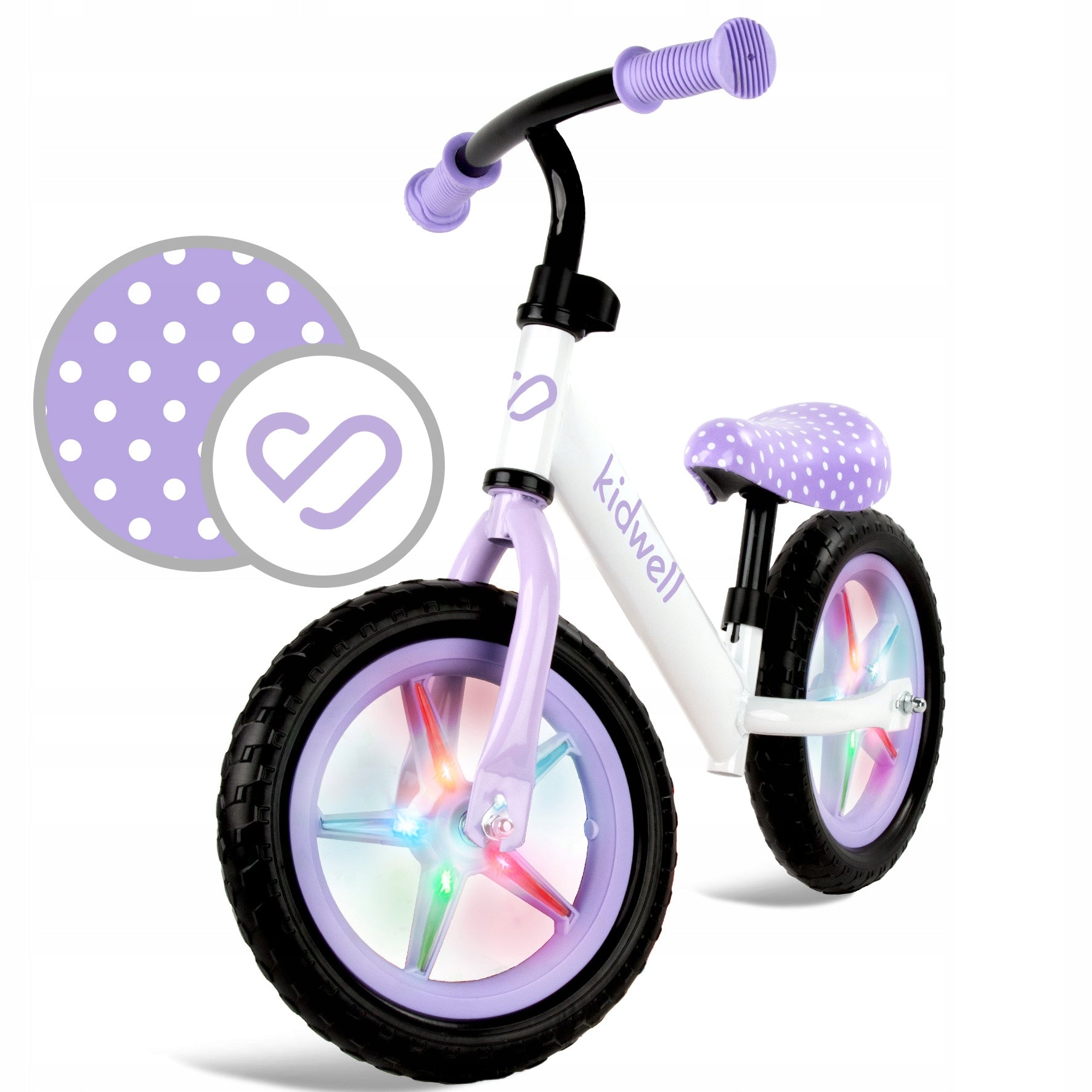 Kidwell Rebel LED balance bike 12" white, purple DOTS dots Frame steel