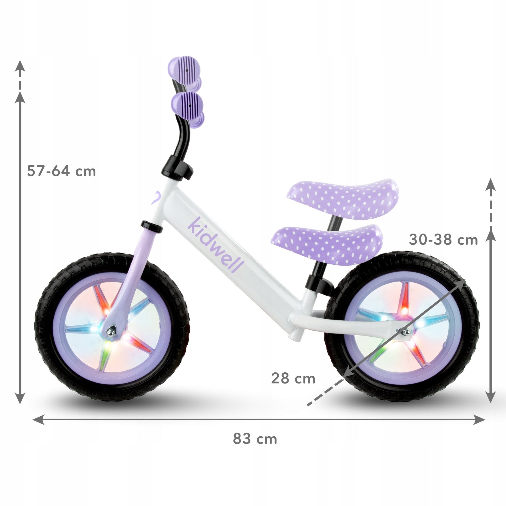 Kidwell Rebel LED balance bike 12" white, purple DOTS dots Kid's age 2+ years