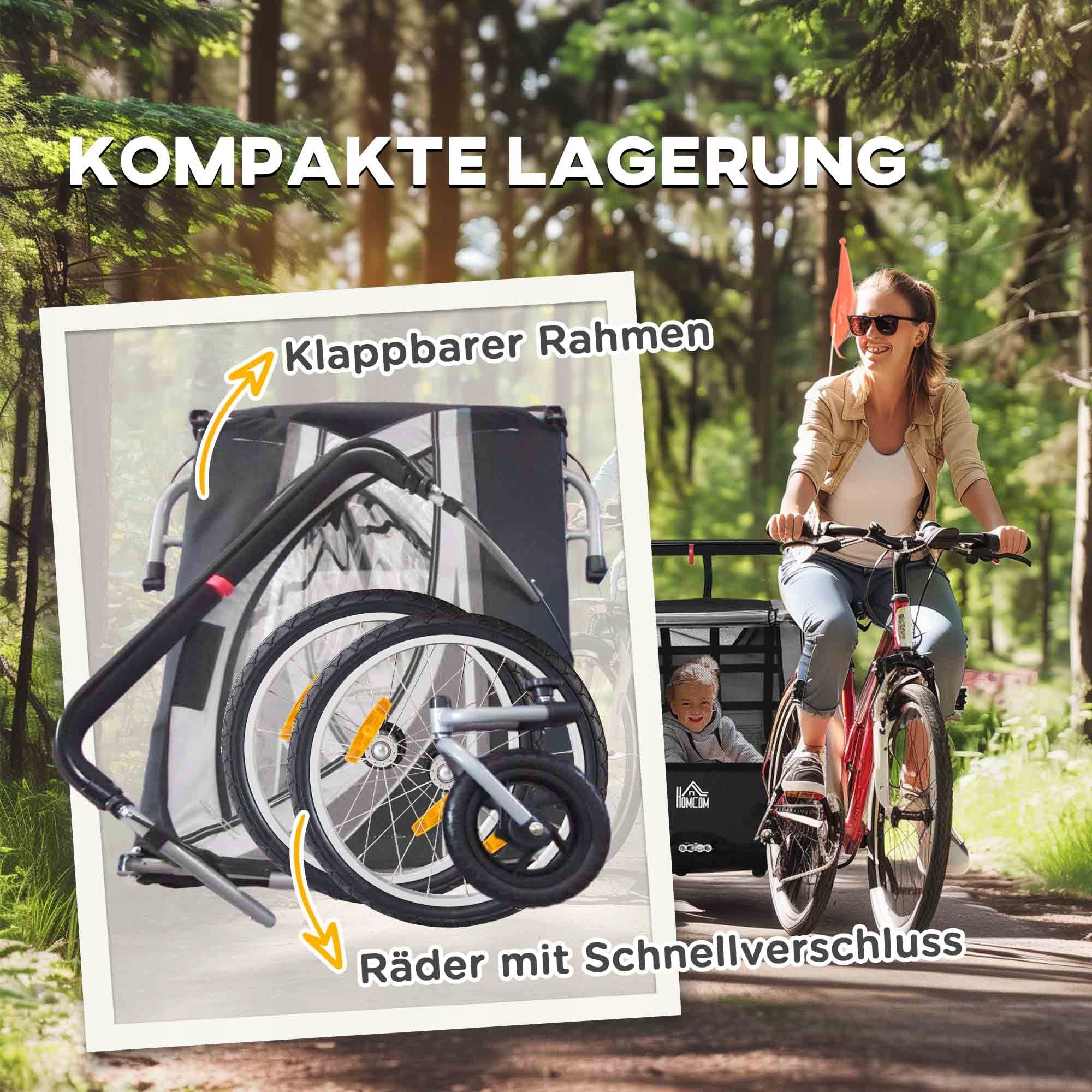 Kinderfahrradanhänger 2-in-1 for children, steel, grey-black, 2 seats Maximum load 26.4 kg