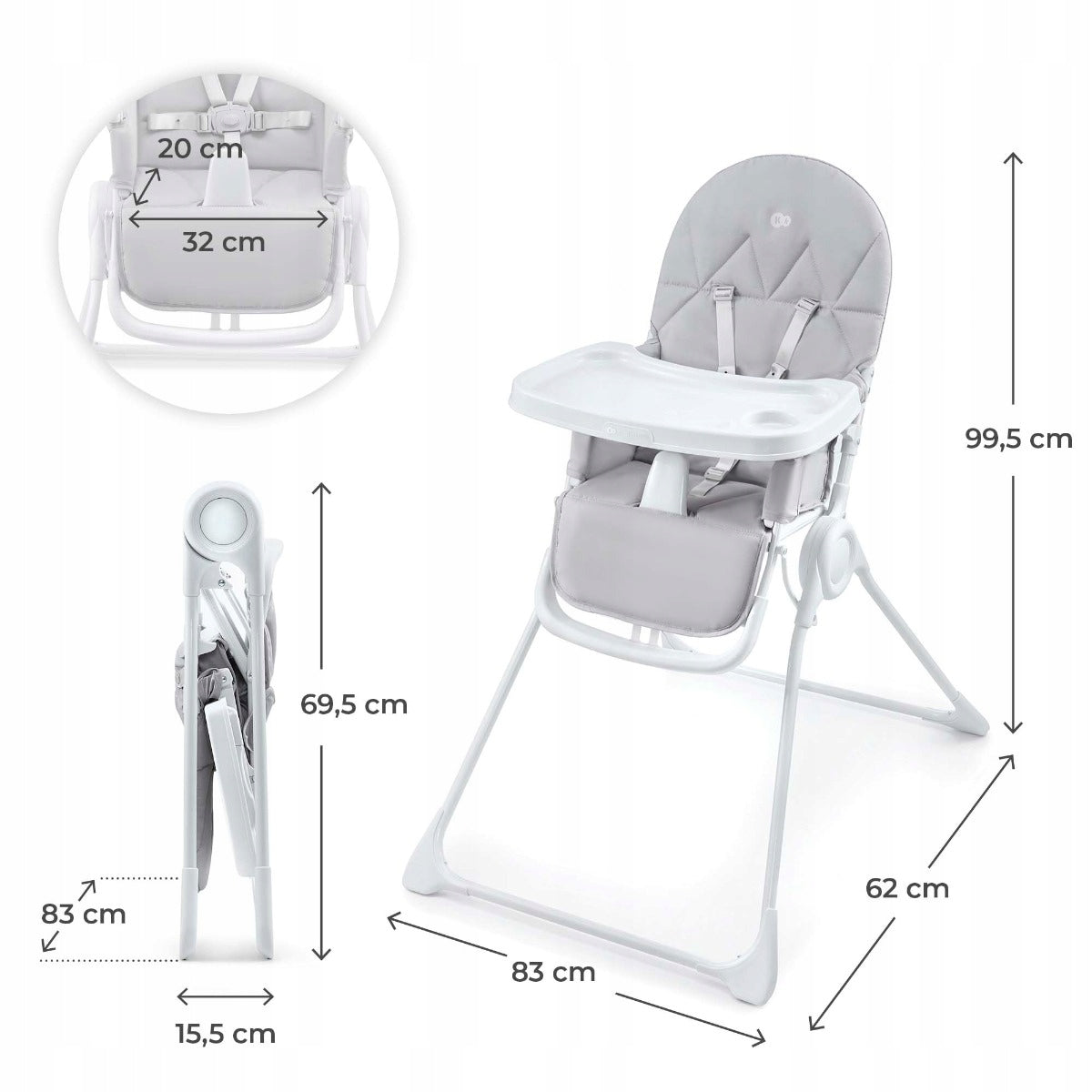 Kinderkraft Feeding Chair Folding Compact BINCI Light Grey Color shades of gray and silver