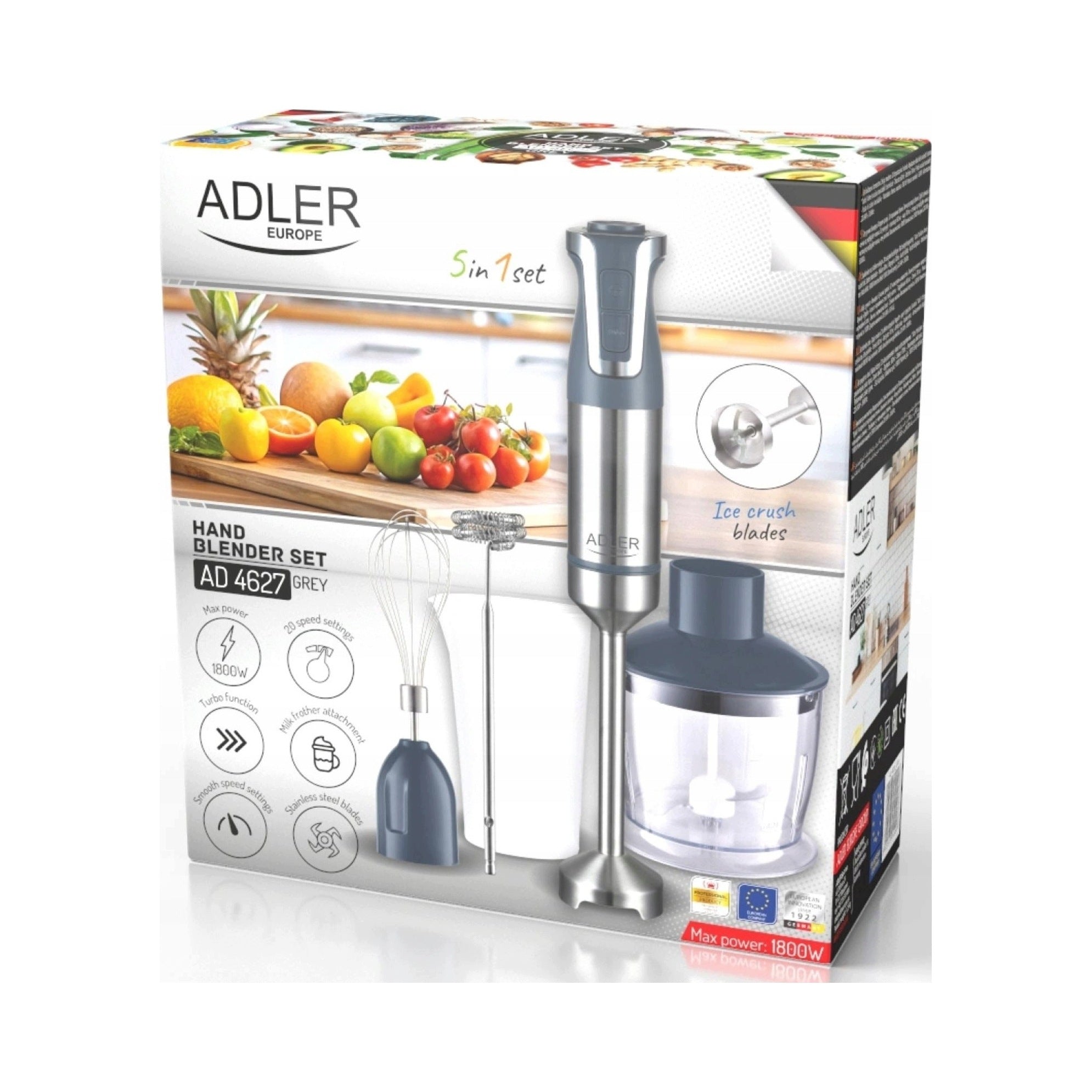 Kitchen Blender Handheld 1800W Turbo 20 Speed Set Grey Adler