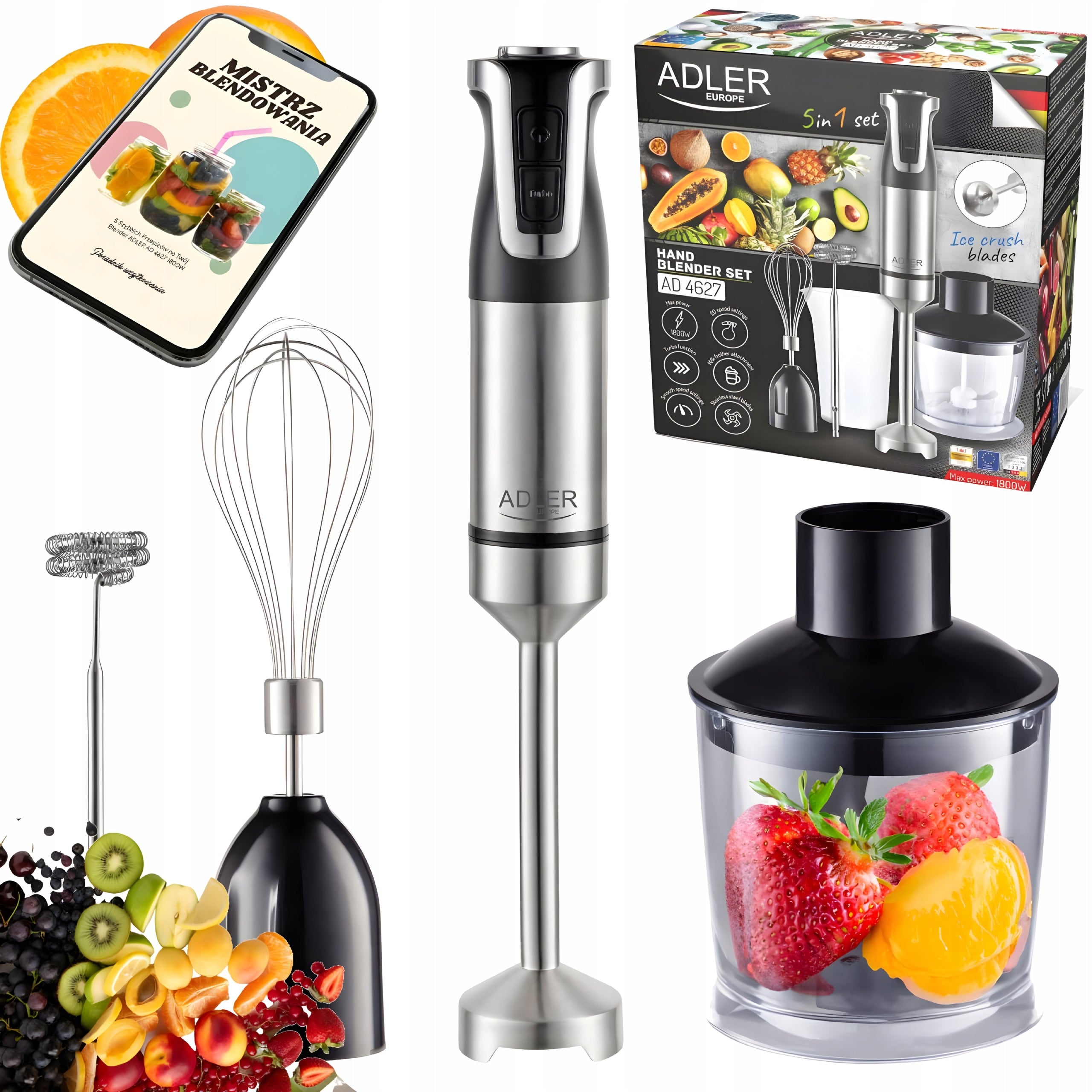 Kitchen Blender Handheld 1800W Turbo 20 Speed Settings Adler