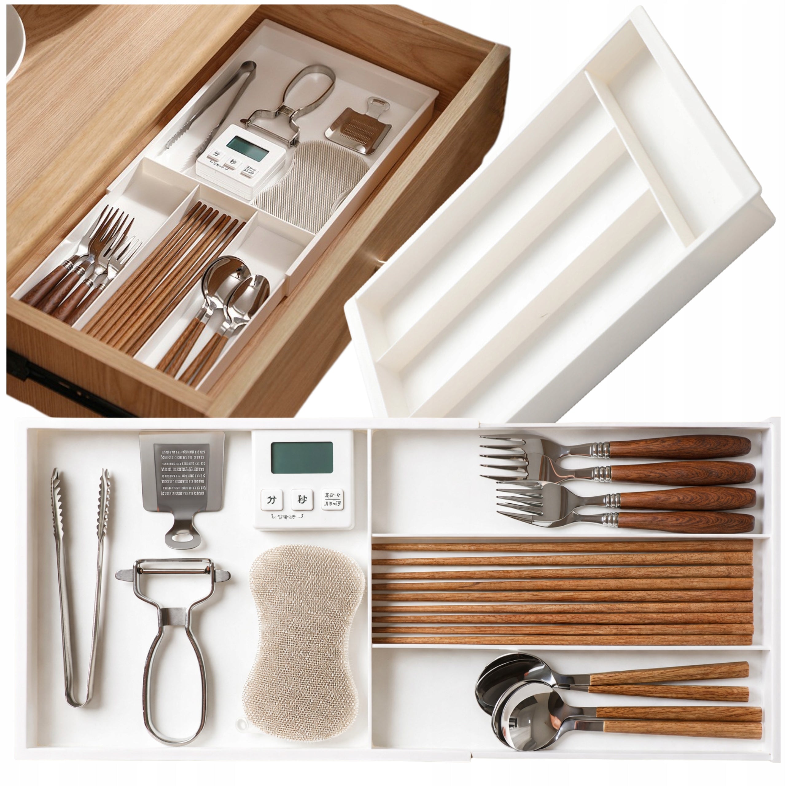 Kitchen Drawer Organizer for Cutlery Extendable White Cabinet Refill Packaging status original