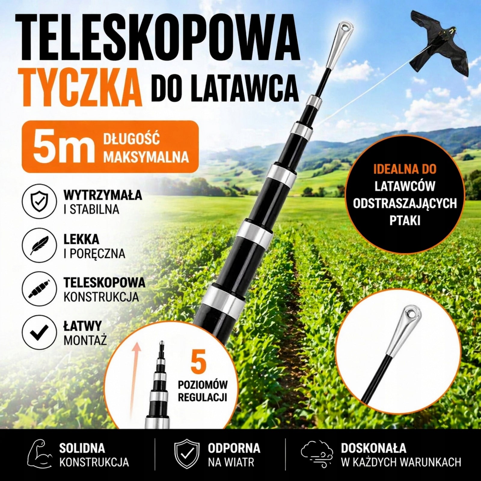 Kite Bird Repellent Falcon Hawk Set with Telescopic Mast 5m Manufacturer code Odstraszacz ptaków zestaw maszt latawiec QL94