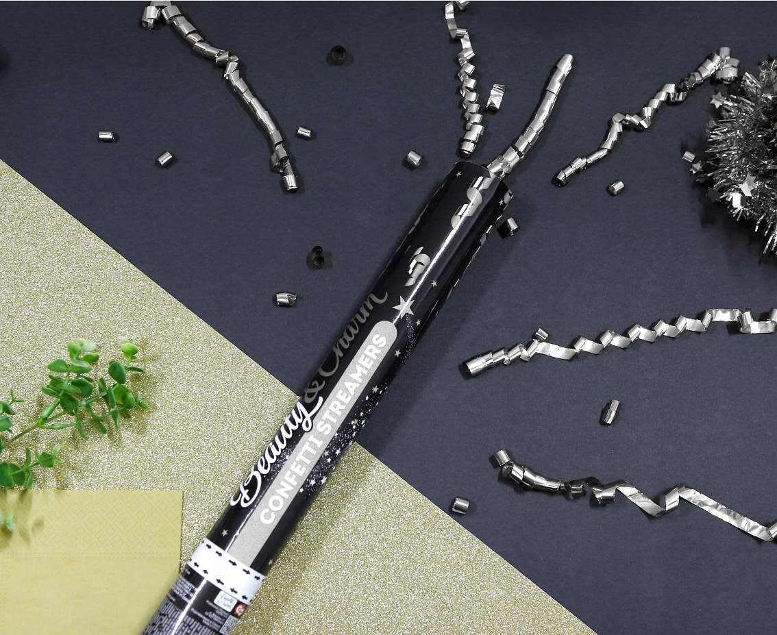 Konfettikanone 40 cm, Konfetti-Luftschlangen Silber JC-KPSS40
