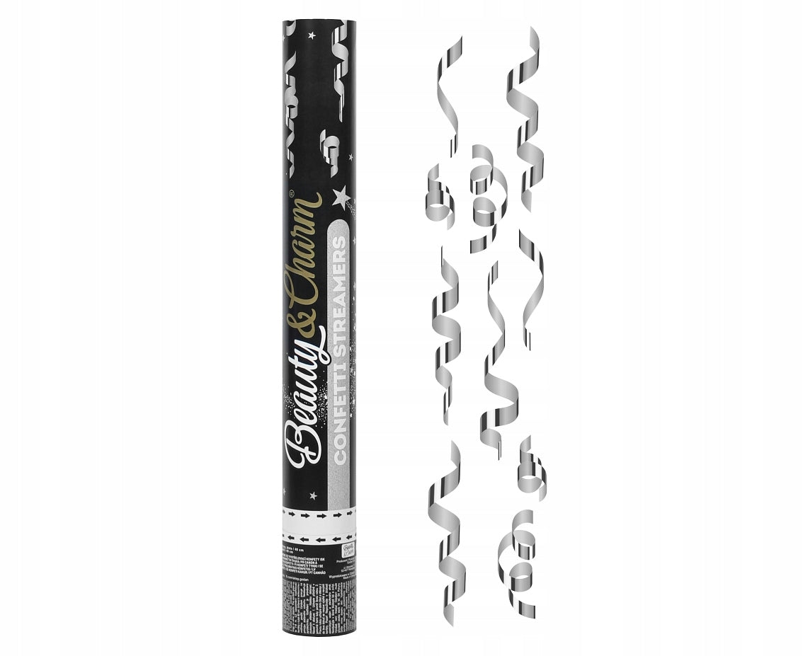 Konfettikanone 40 cm, Konfetti-Luftschlangen Silber JC-KPSS40