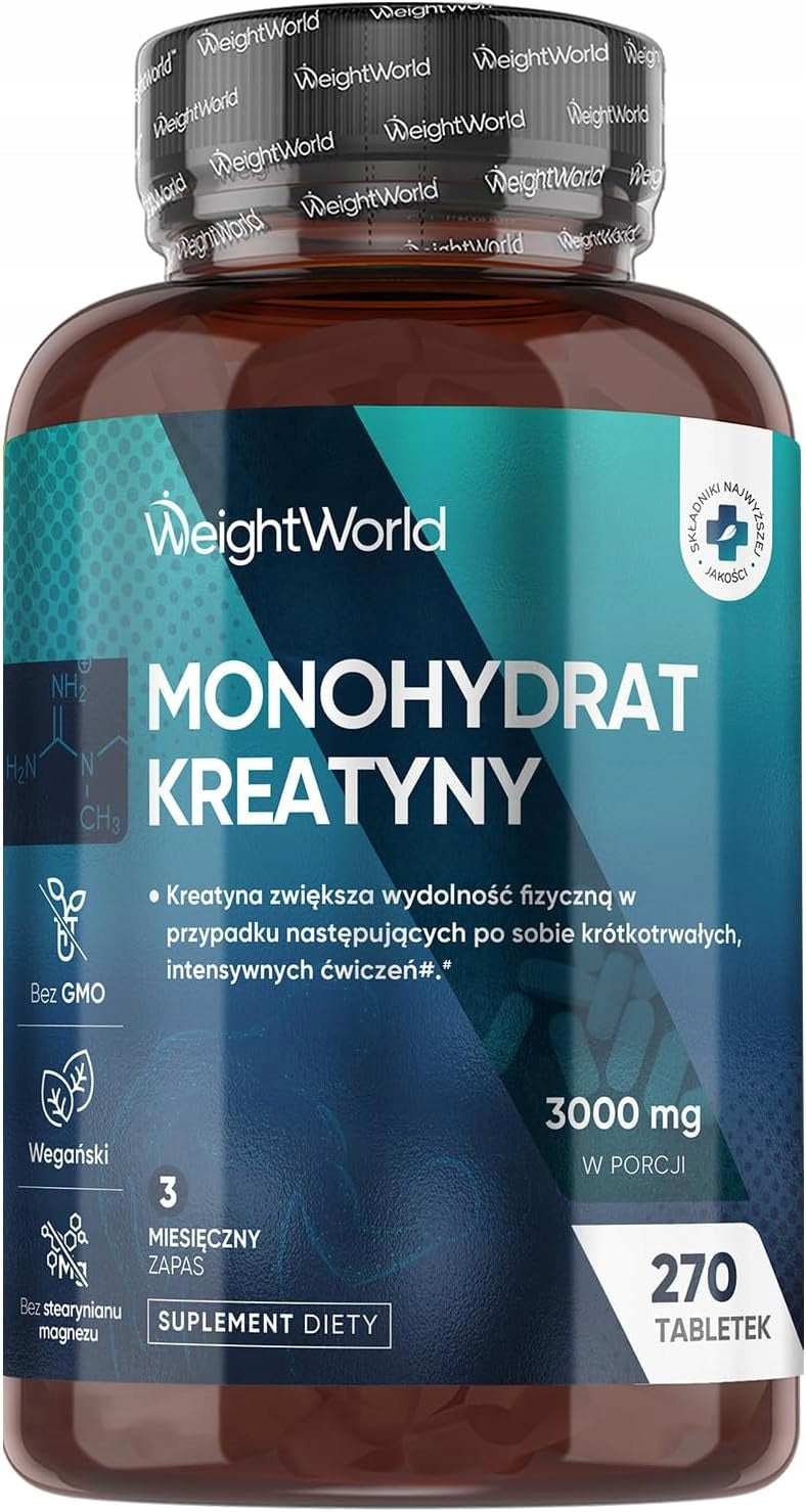 Kreatyna Monohydrat 3000mg 270 tab Vegan Siła Masa 3 Mies.