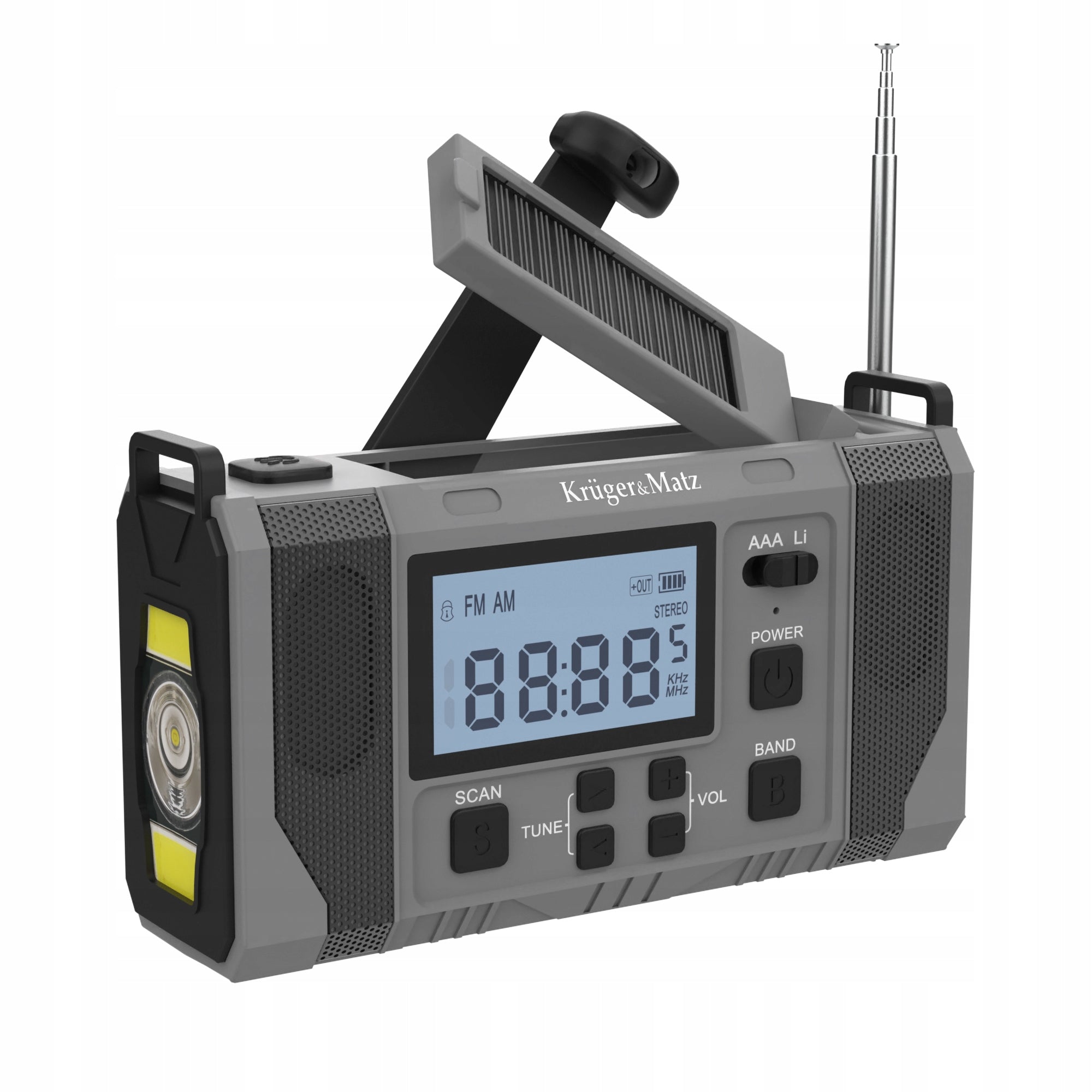 Kruger&Matz KM0838 Solární rádio s powerbankou 10 000 mAh, SOS alarm, šedé