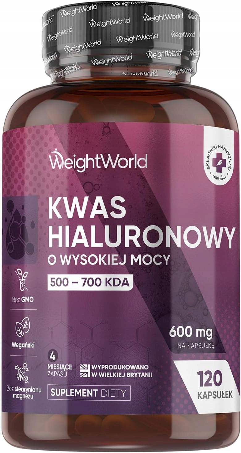 Kwas Hialuronowy 600mg 120 kaps Vegan Skóra Stawy 4 mies.