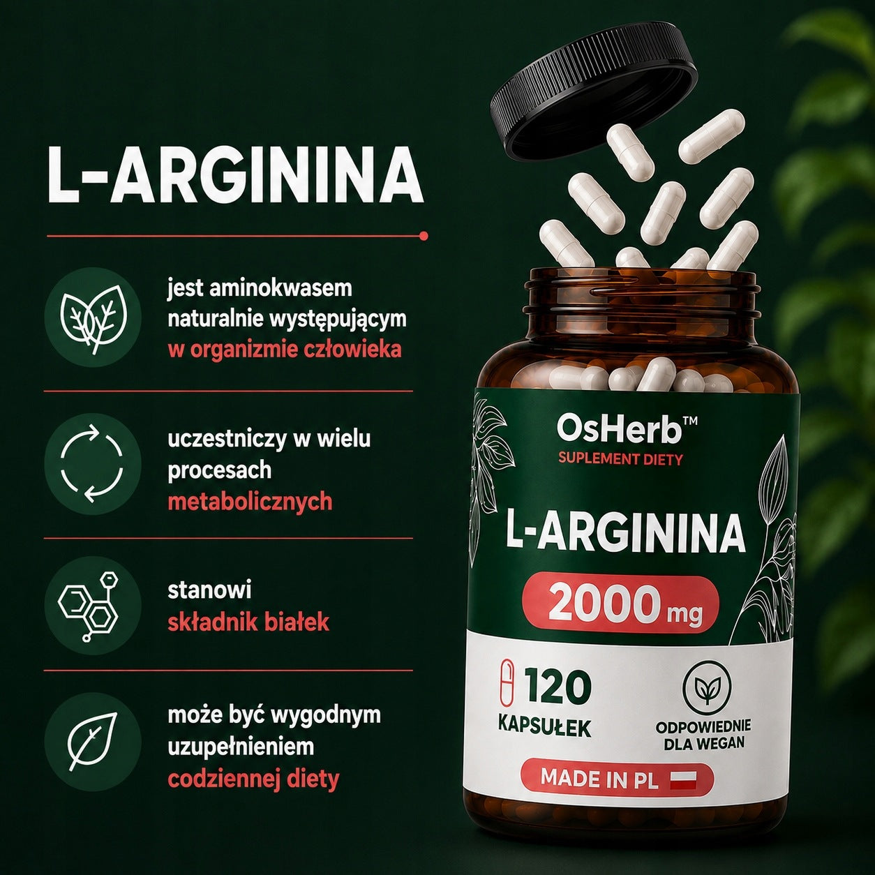 L-Arginine 2000 mg 120 capsules vegan amino acid L-Arginine | Osherb Packaging status original