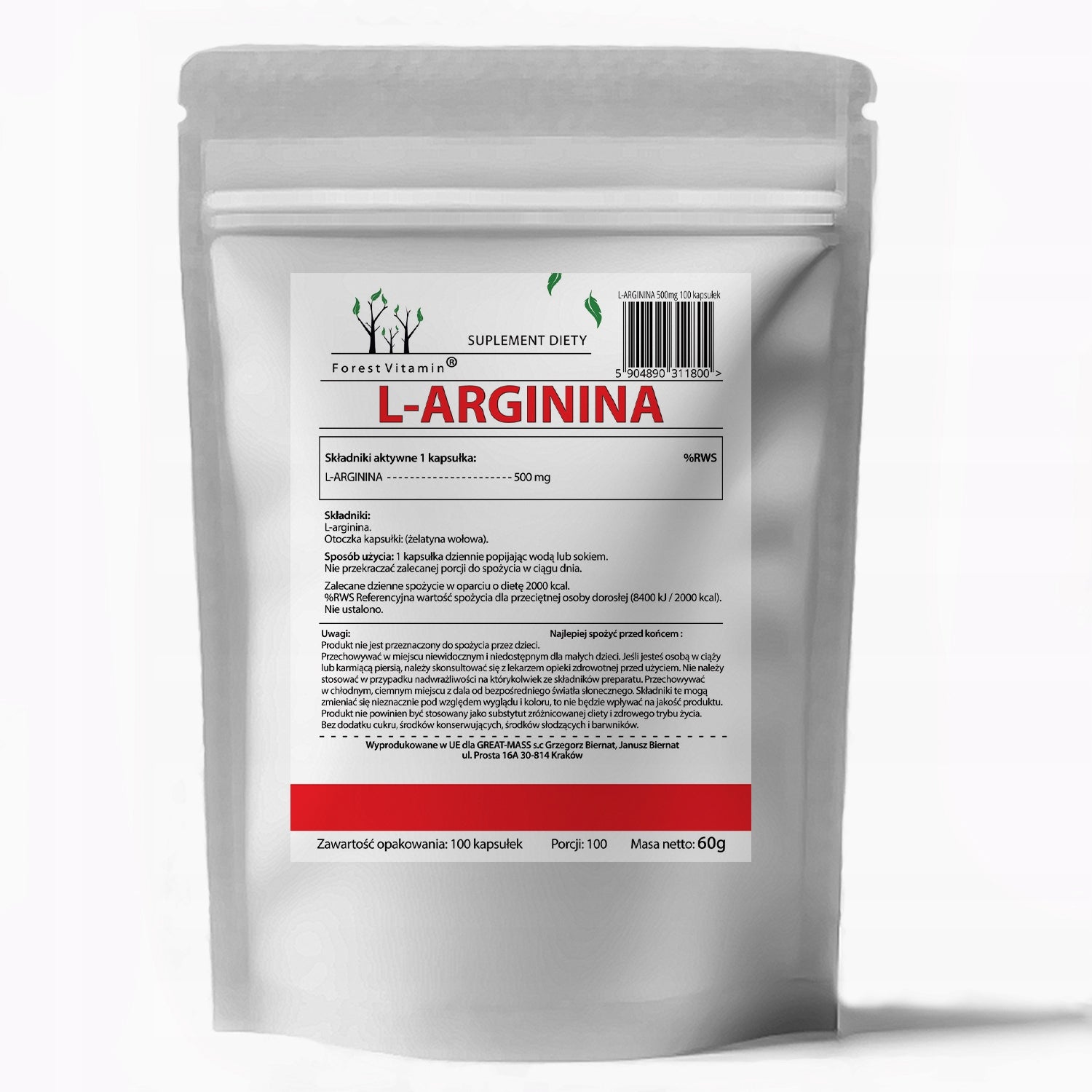L-Arginine 500mg 100 capsules WITHOUT ADDITIVES PUMP HEART PRESSURE AAKG STRENGTH EAN (GTIN) 5904890311800