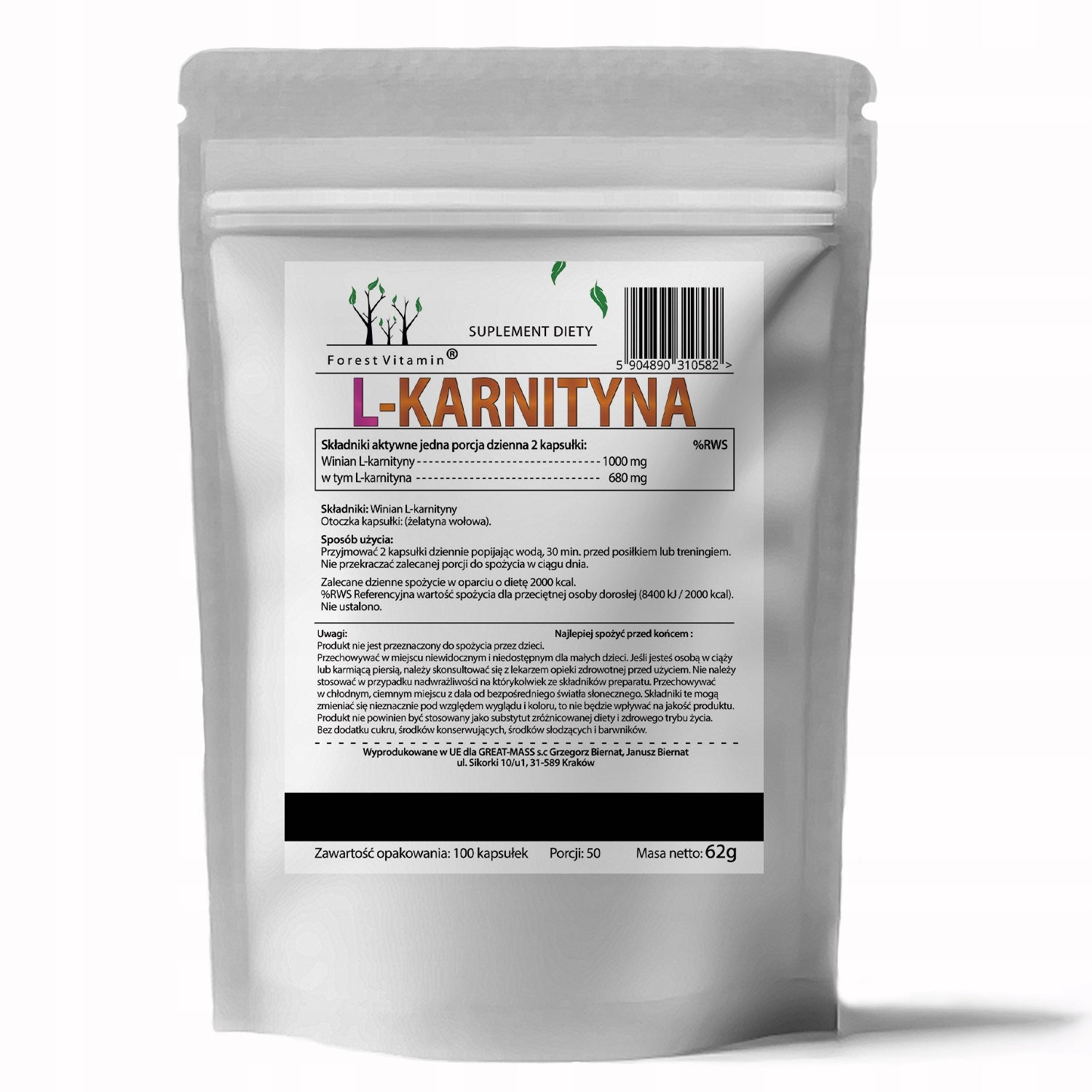 L-Carnitine 1000mg 100caps NATURAL FAT BURNER SLIMMING Manufacturer code FOR/KARNITY/100/KAP/