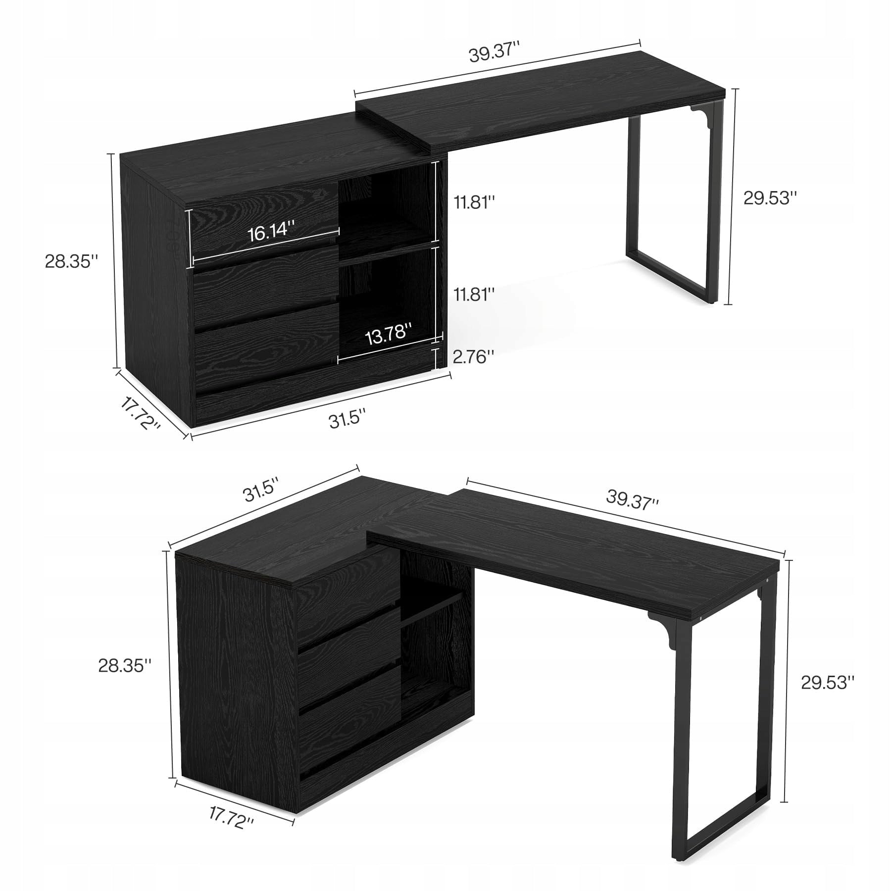 L-Shaped Desk with Drawers, Corner Desk Storage Cabinet Home Office Black Packaging status original