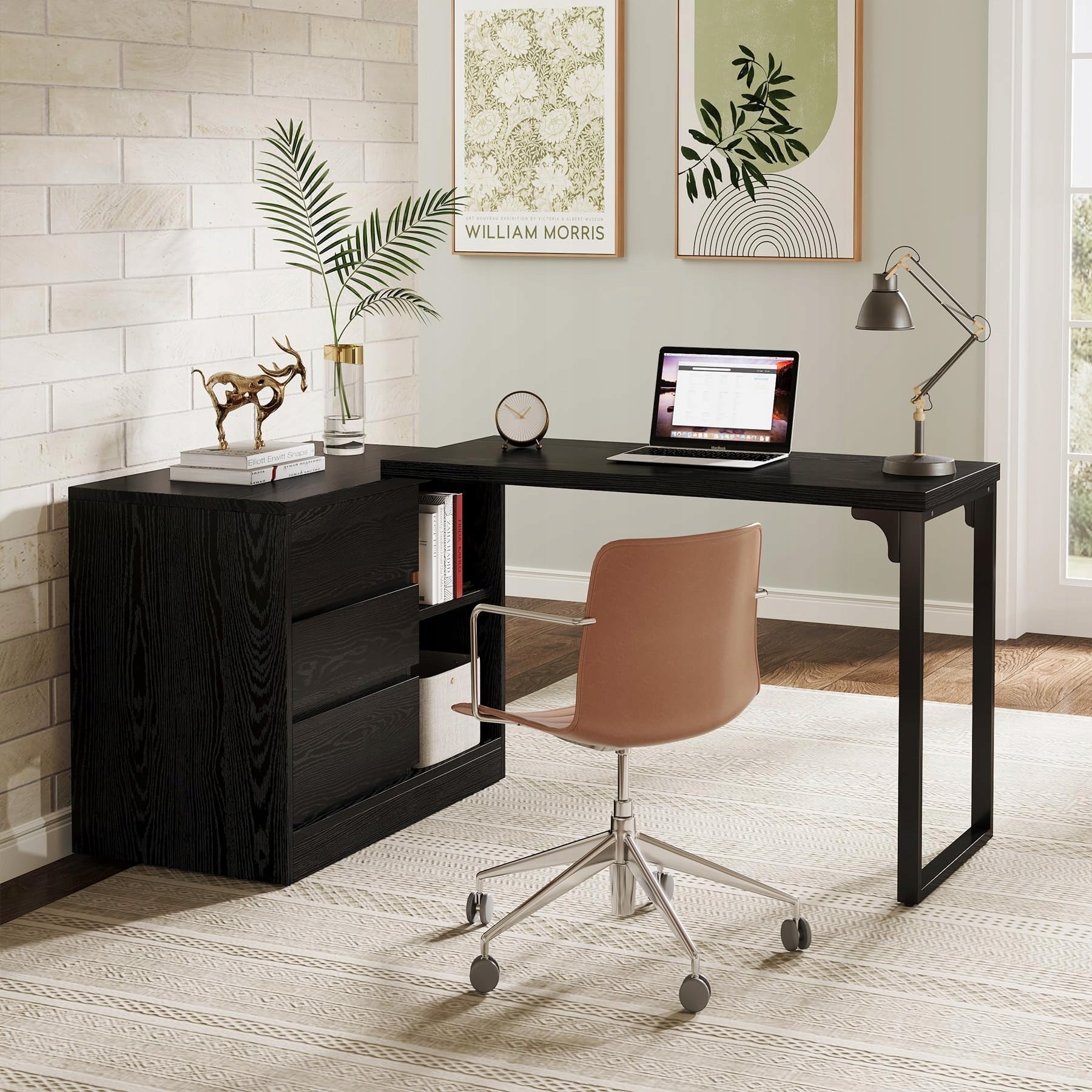 L-Shaped Desk with Drawers, Corner Desk Storage Cabinet Home Office Black