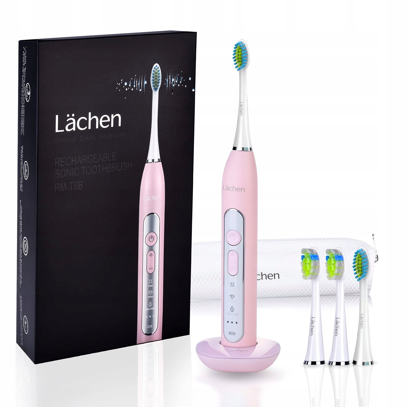 LÄCHEN Electric Sonic Toothbrush 4 Tips Timer 3 Modes Pink