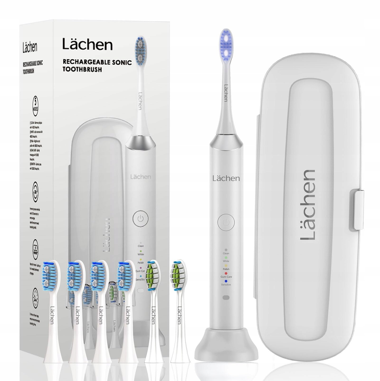 LÄCHEN Electric Sonic Toothbrush 5 Modes 6 Heads IPX7 White