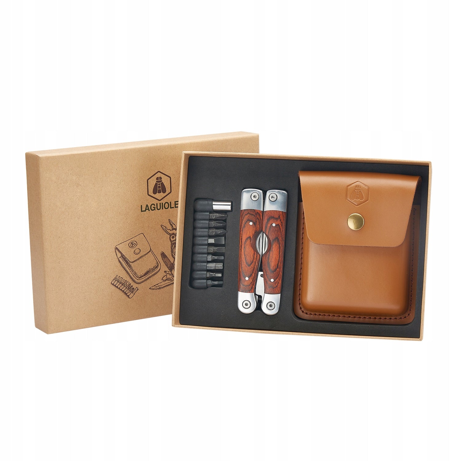 LAGUIOLE multitool 11in1 pocket knife survival knife EDC wood Pakka leather case