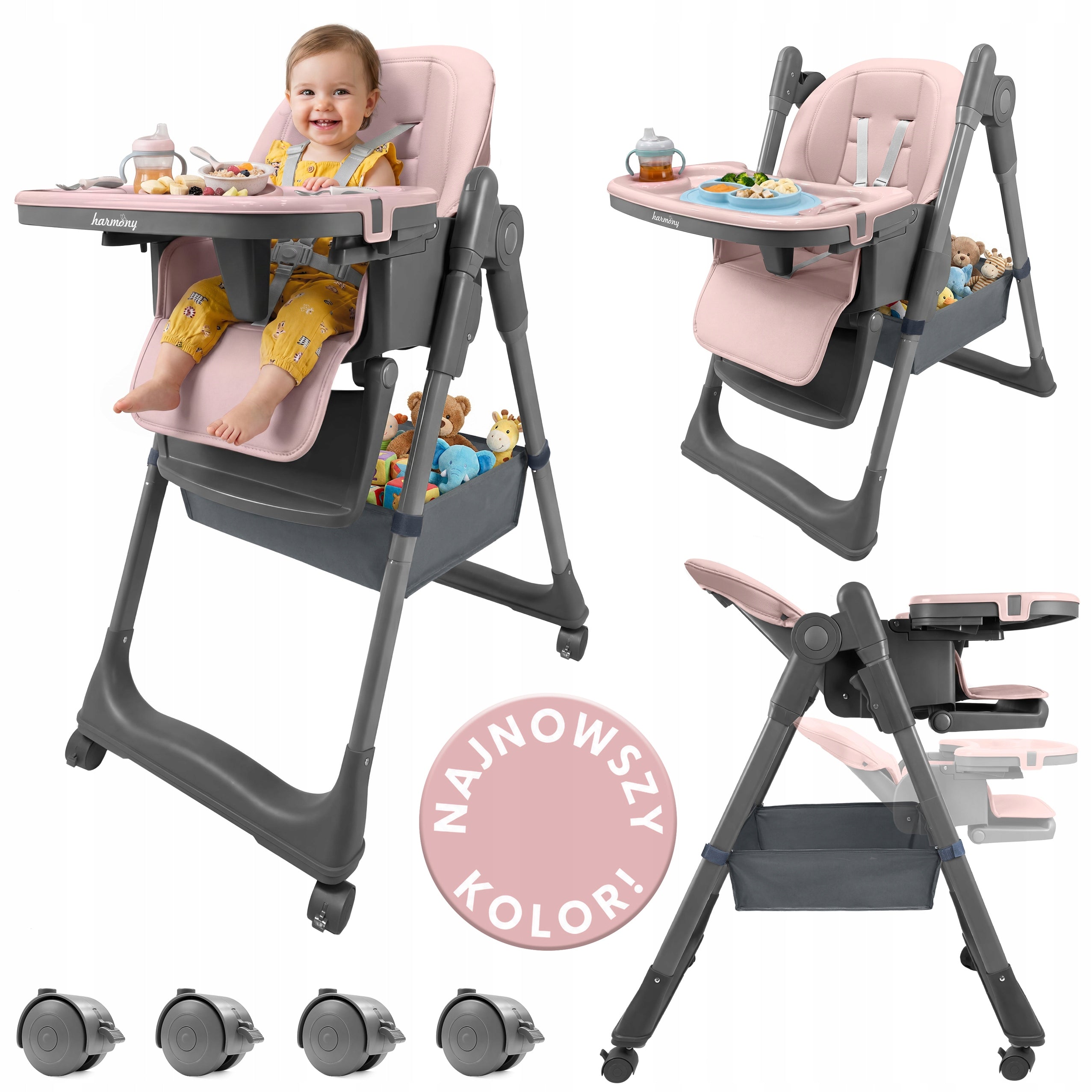 LARGE 5IN1 FOLDING HIGH CHAIR WITH PINK LOWERING FUNCTION